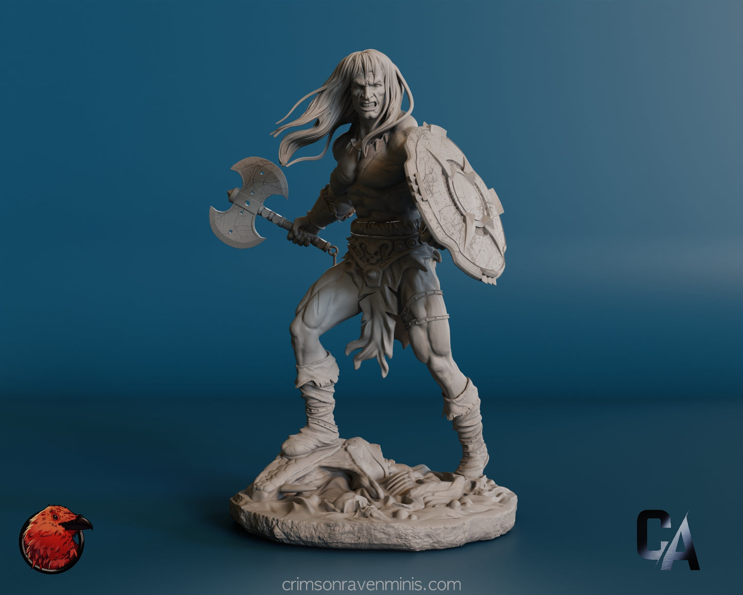 The Conan the Barbarian model with an alternate weapon, an axe, in his right hand. He maintains a battle-ready stance with a shield in his left hand, standing on a detailed, rocky base.