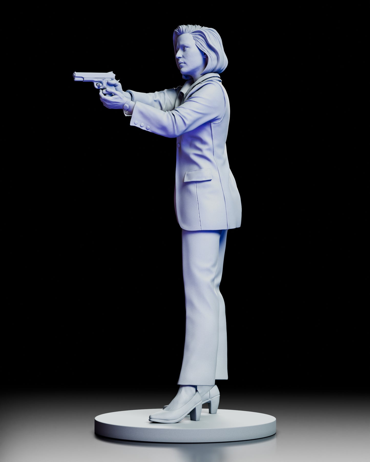 Left profile of Dana Scully figure model kit showing pose and suit details in high relief