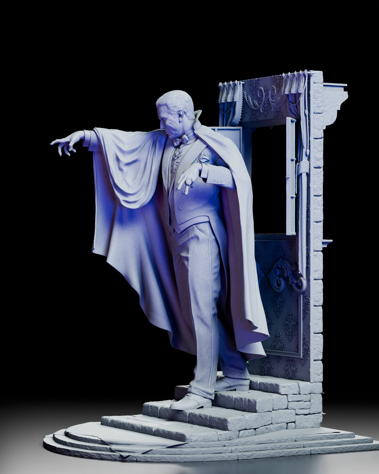 Left side view of Dracula vampire resin statue showcasing dramatic cape drapery and stone steps