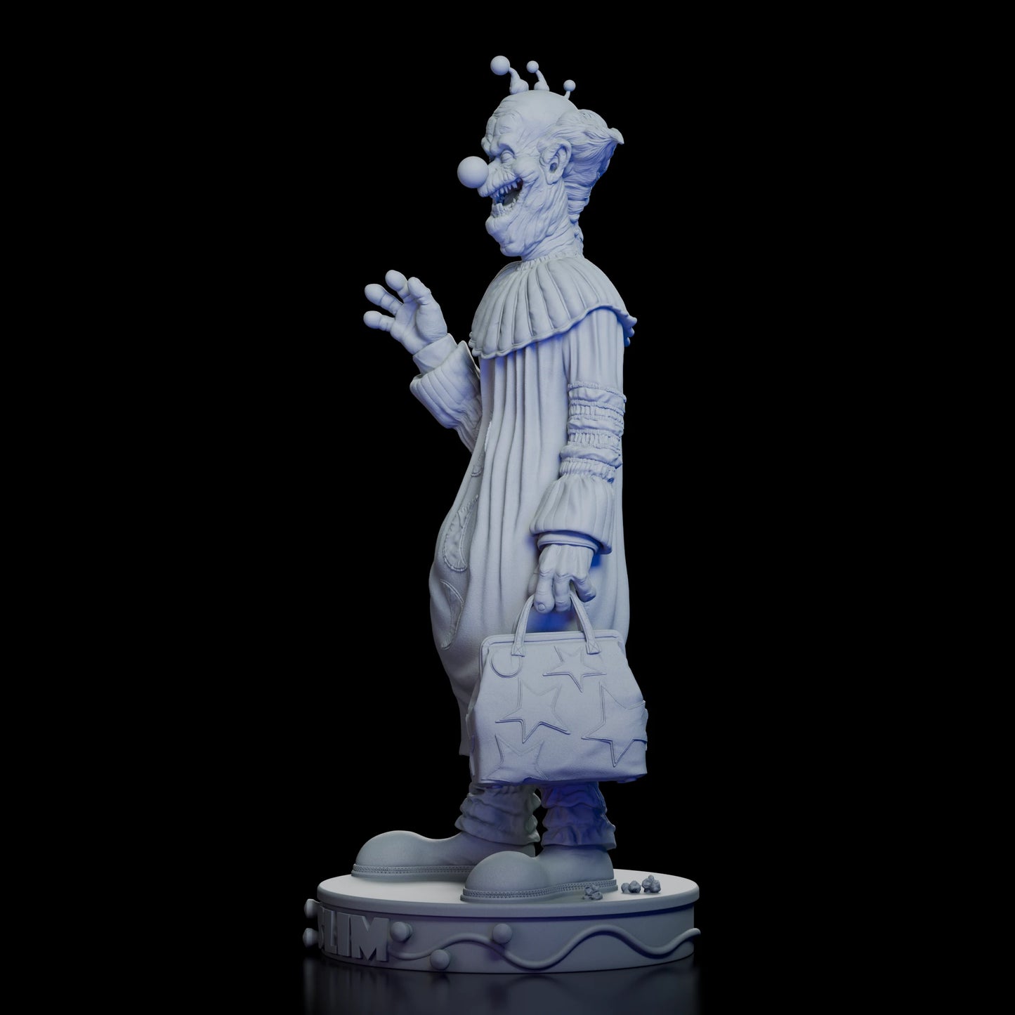 Left profile of Slim Maquette Kit holding a star-patterned bag and waving hand