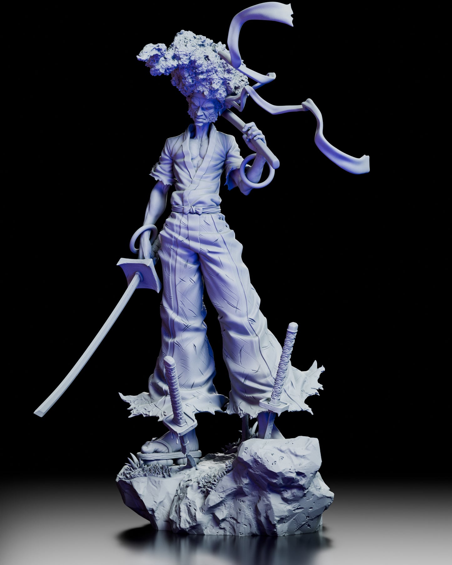 Left angle of Afro Samurai figure highlighting sword motion and base details