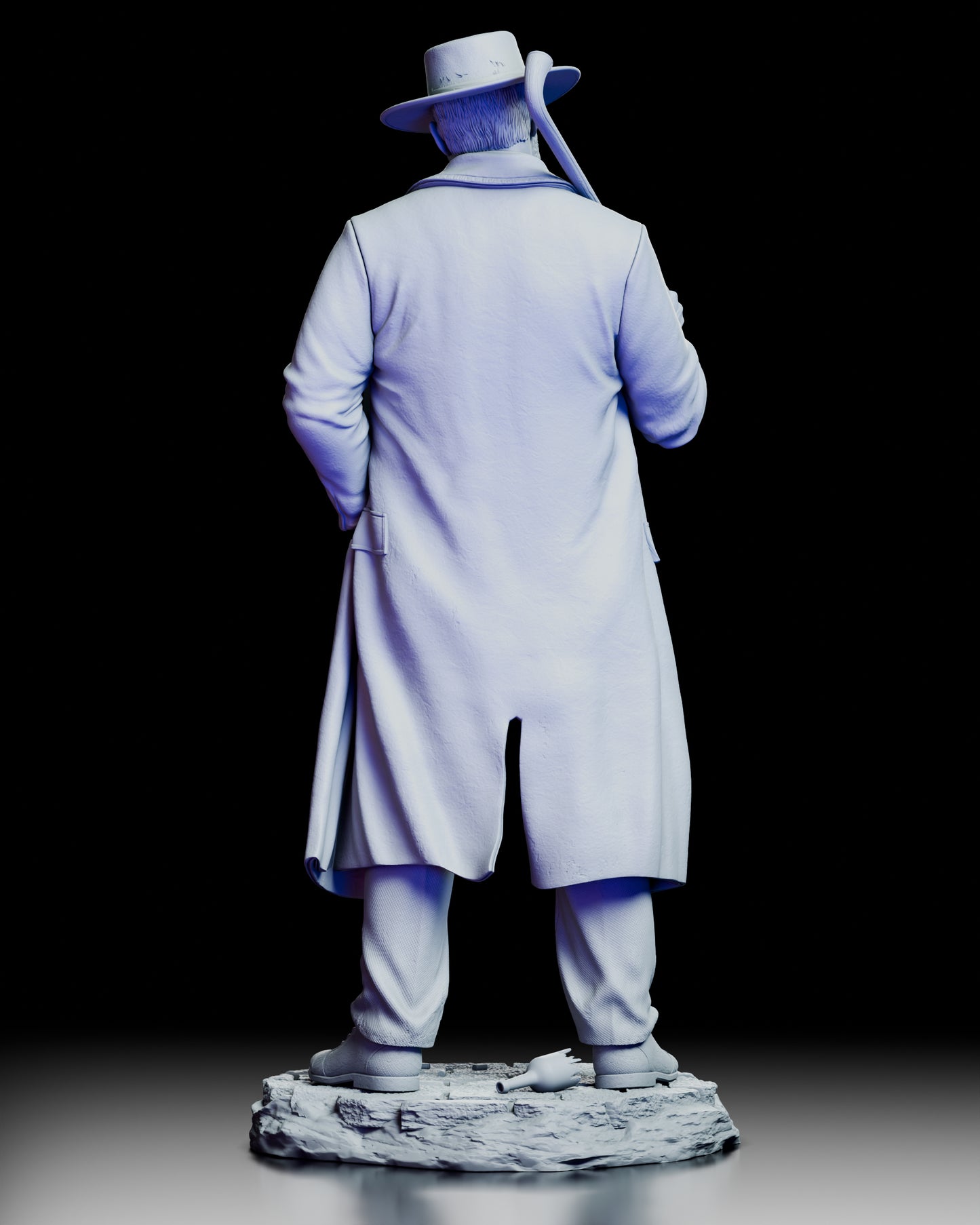 Rear view of Alfie Solomons figure model kit showing long coat details and textured display base