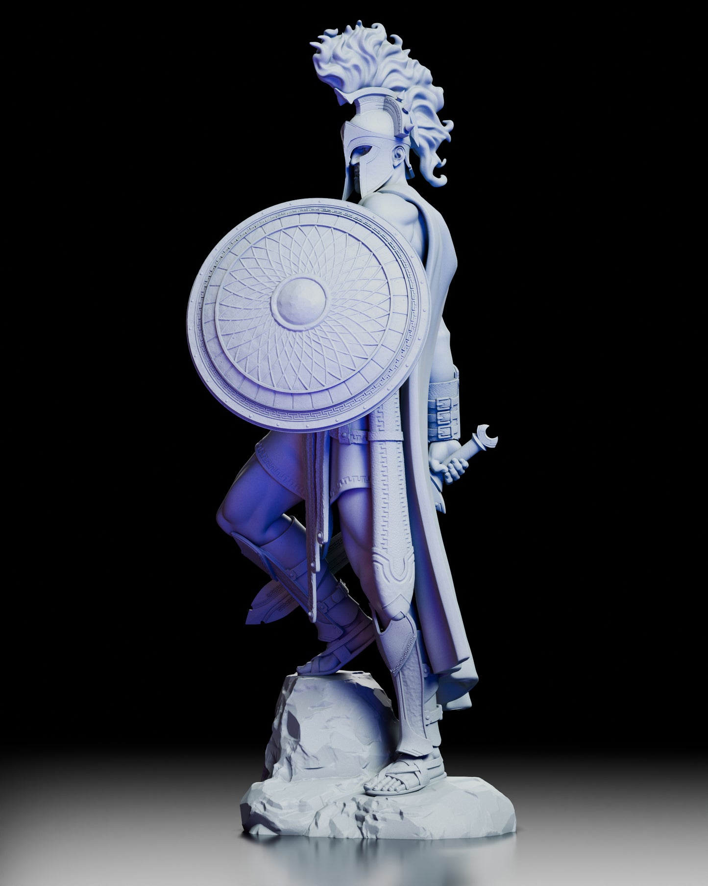 Left profile of Ares, The Warbringer resin model highlighting sculpted shield, helmet, and stone base