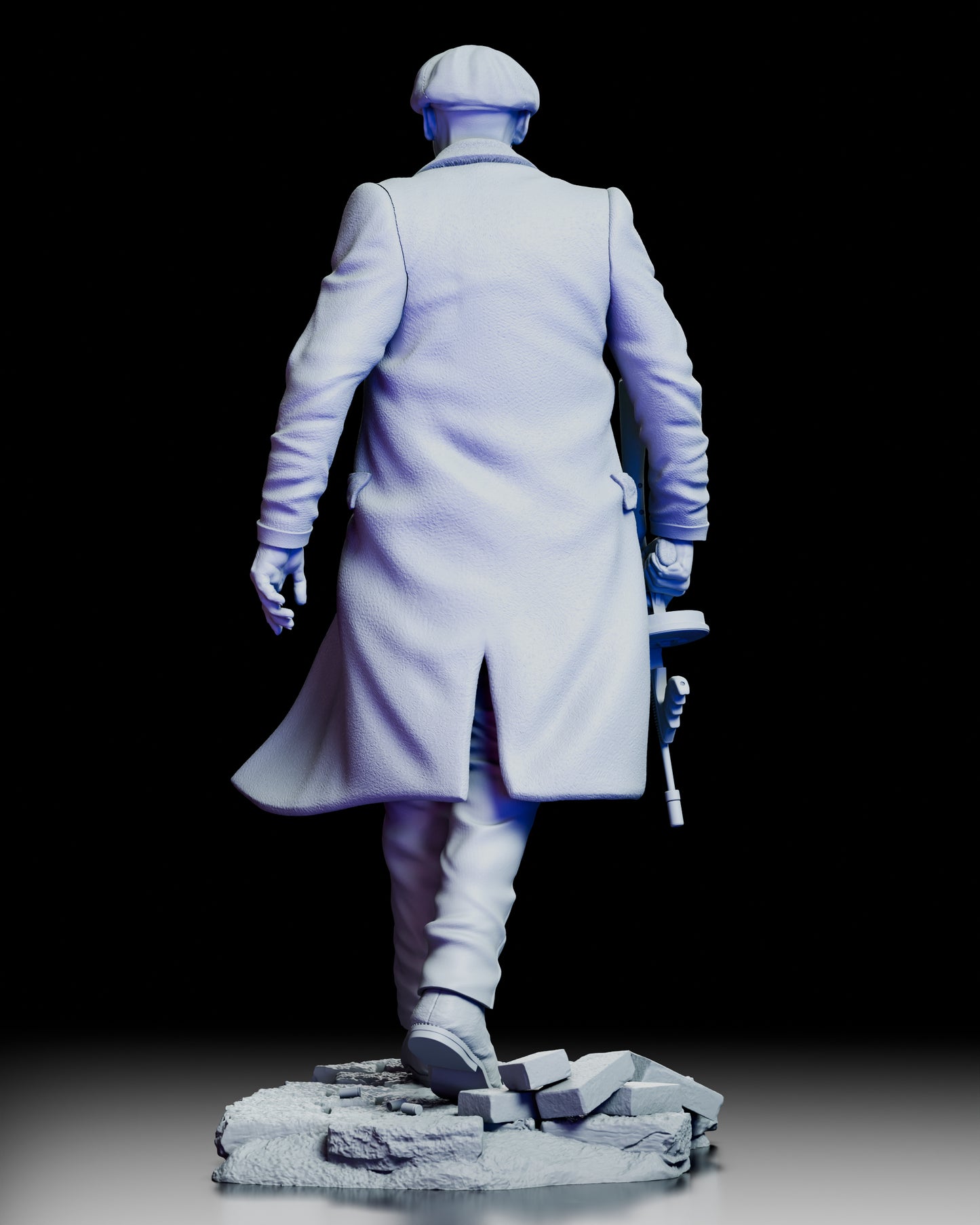 Rear view of Arthur Shelby figure model kit showing textured overcoat and dynamic walking pose on detailed base