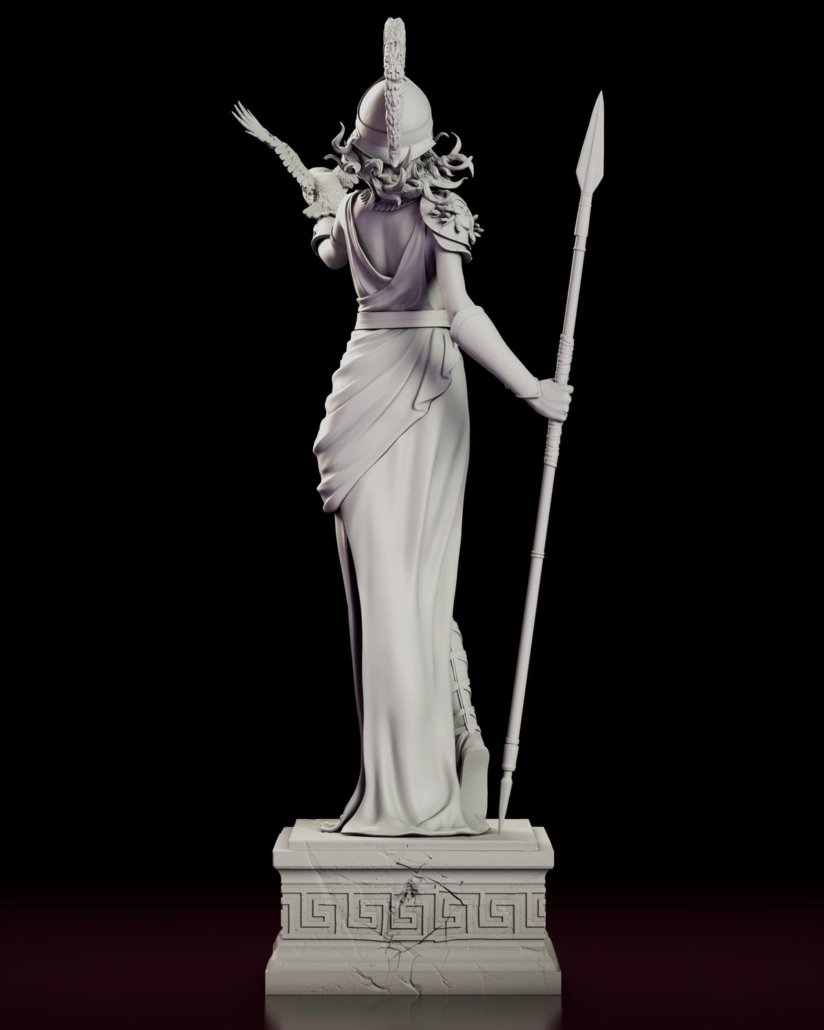 Back view of the Athena figure model kit showing the open-backed dress, helmet crest and Greek key plinth
