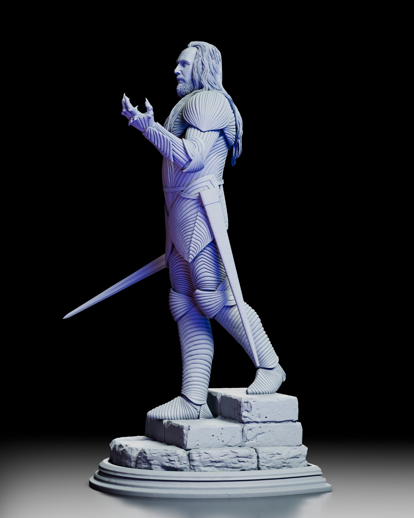 Left side profile view of Bram Stoker's Dracula armored figure model kit displaying raised left hand gesture, sword behind back, detailed flowing hair and beard, organic armor pattern, and textured brick base