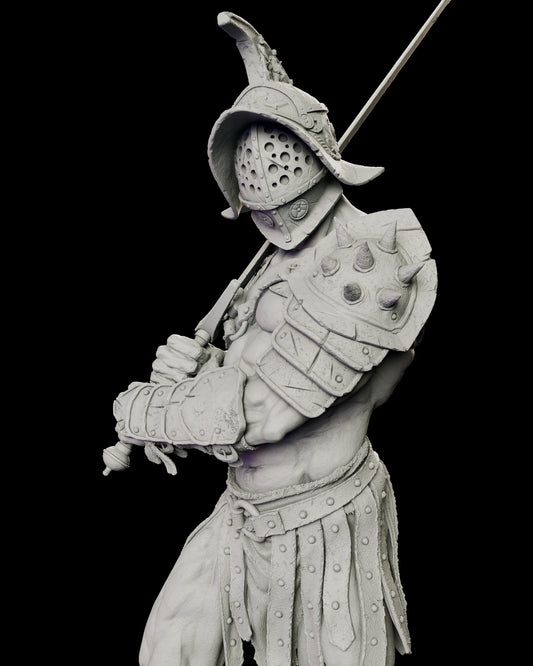Upper body detail of the gladiator showing the laminated plate arm guard, spiked shoulder guard and the sword held upright against his chest