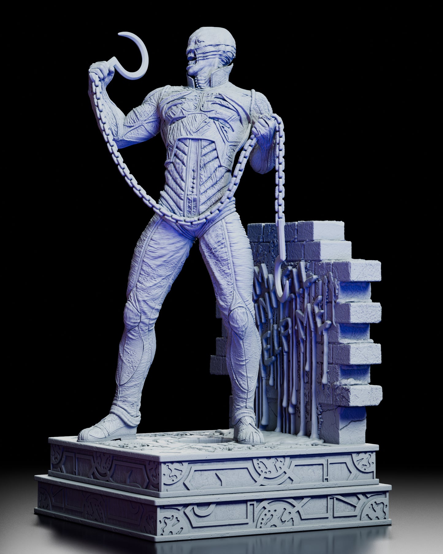 Left angled view of the Chatterer figure displaying detailed musculature, chain tension, and textured base elements.