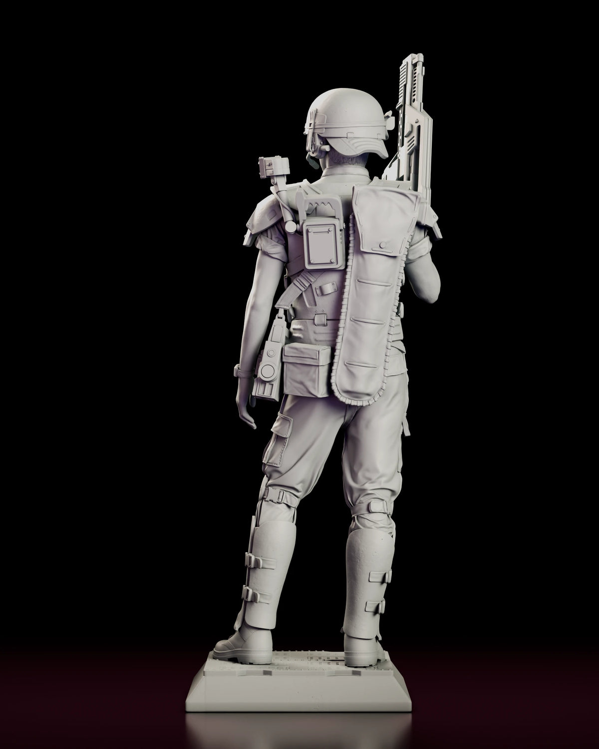 Rear view of the Corporal Hicks figure model kit showing the padded shotgun sheath down his spine, comms box and helmet earpiece