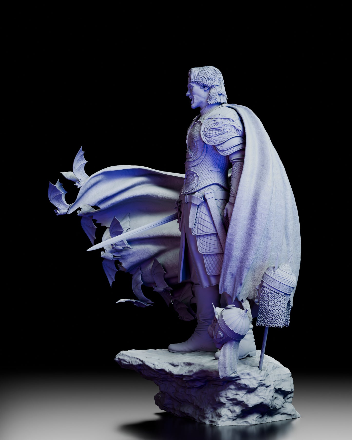 Left side view of Count Dracula Dracula Untold figure showing sweeping bat cape and armored warrior stance