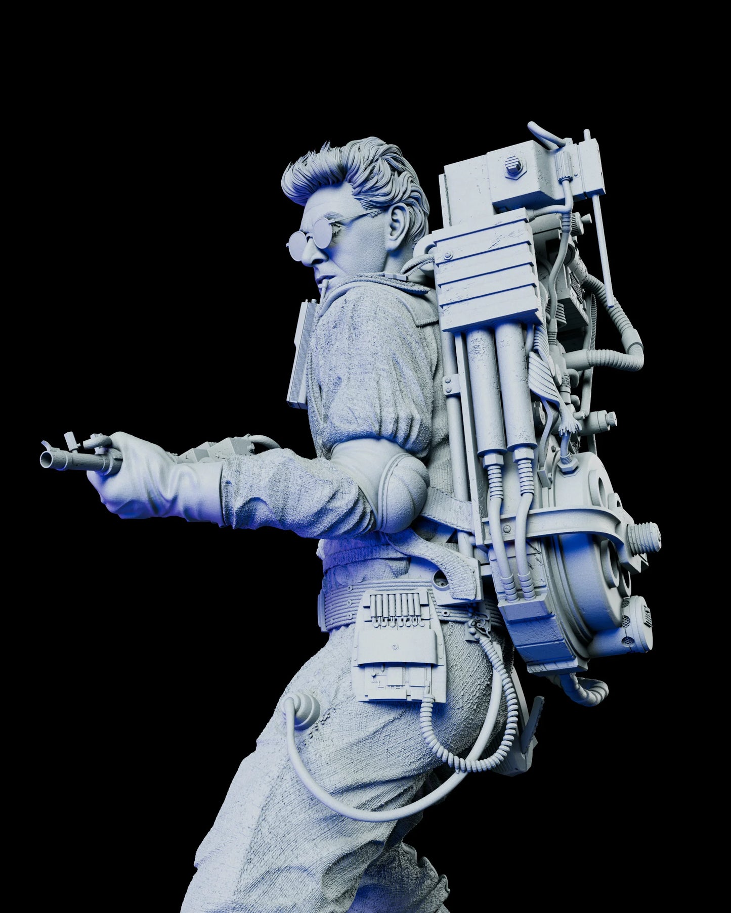 Side view of Egon Spengler figure kit aiming his proton blaster, showing detailed sculpting of the proton pack, cables, and textured uniform