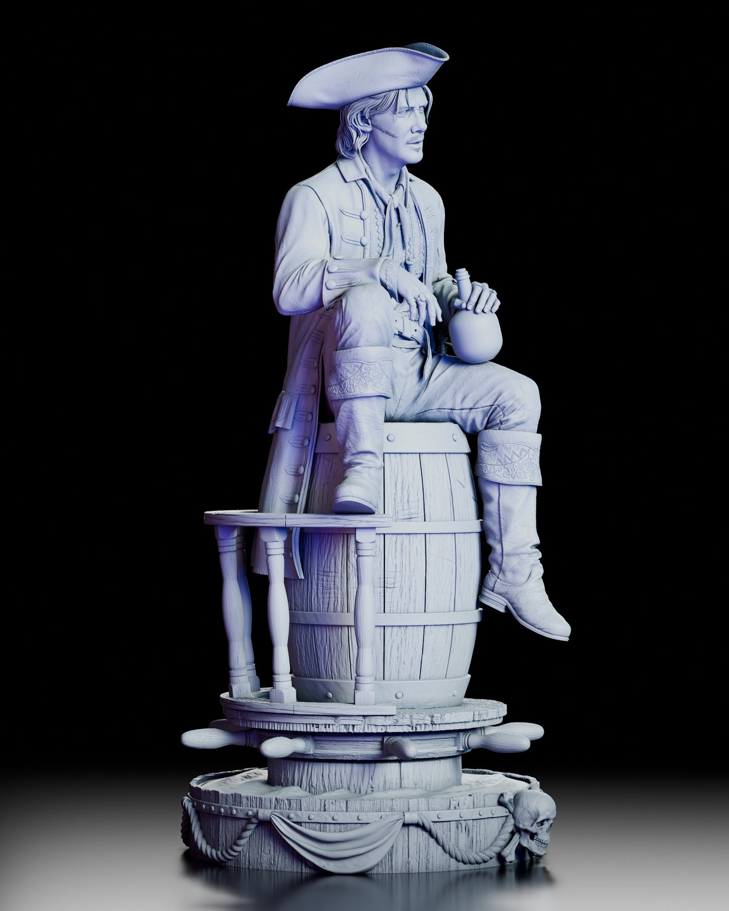 Right side view of Jack Rackham pirate figure model kit showing relaxed seated pose with bottle and detailed costume