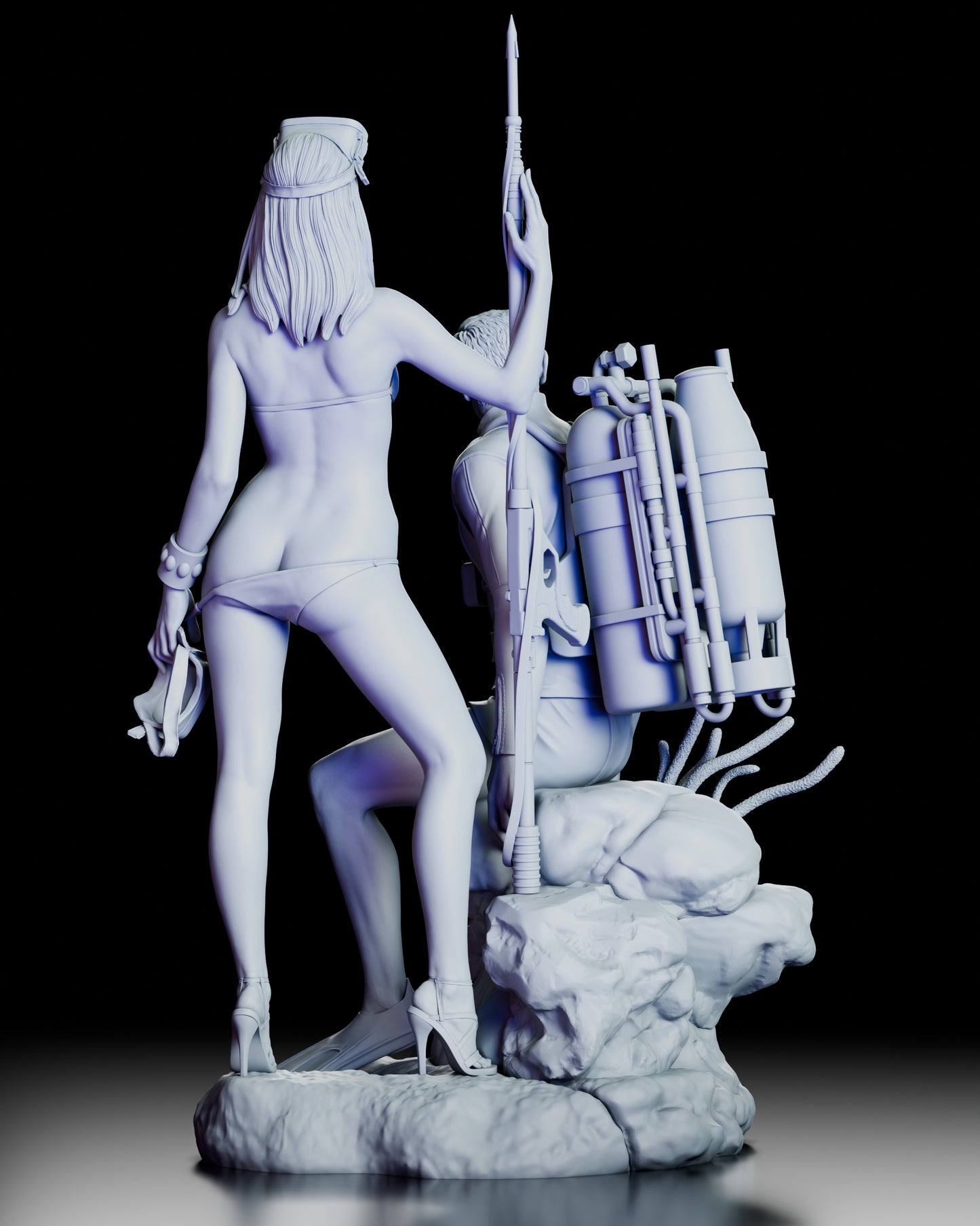 Rear view of the James Bond Thunderball figure model kit emphasizing the Bond girl pose, scuba tanks, spear gun, and rocky ocean-themed base