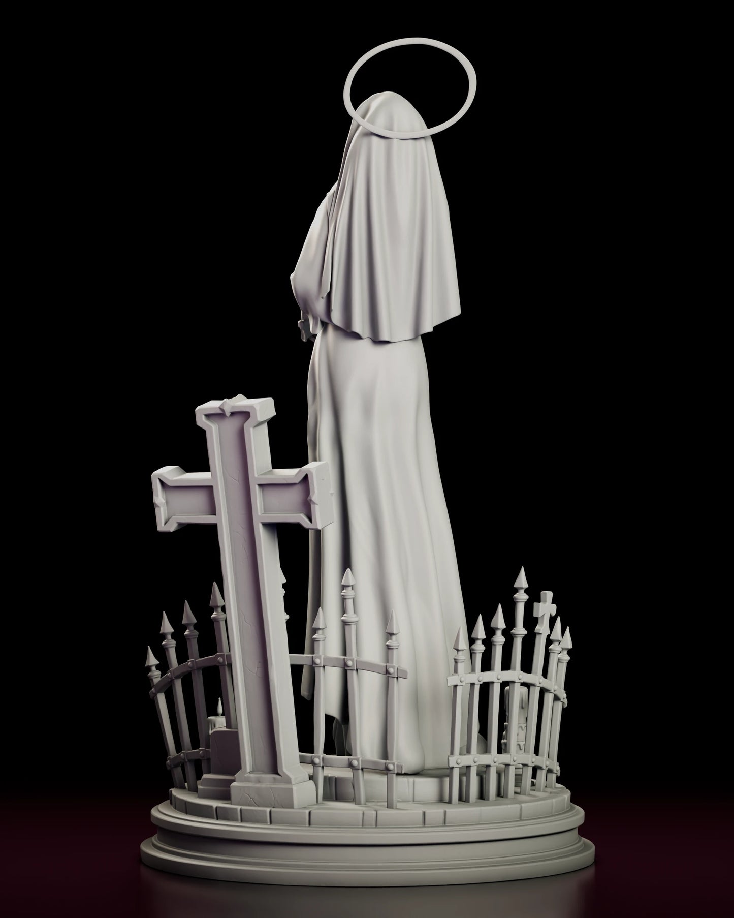 Rear view of the Sister Mercy figure model kit, showing the veil, long hair and the train of the habit pooling across the base.
