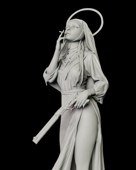 Upper body detail of Sister Mercy holding a cigarette to her lips with one hand while a long-barrelled suppressed pistol hangs at her hip in the other.