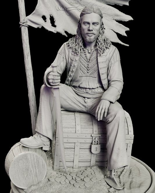 Detail of John Silver seated on a padlocked chest holding a cutlass point-down, with coins in the sand and his prosthetic brace