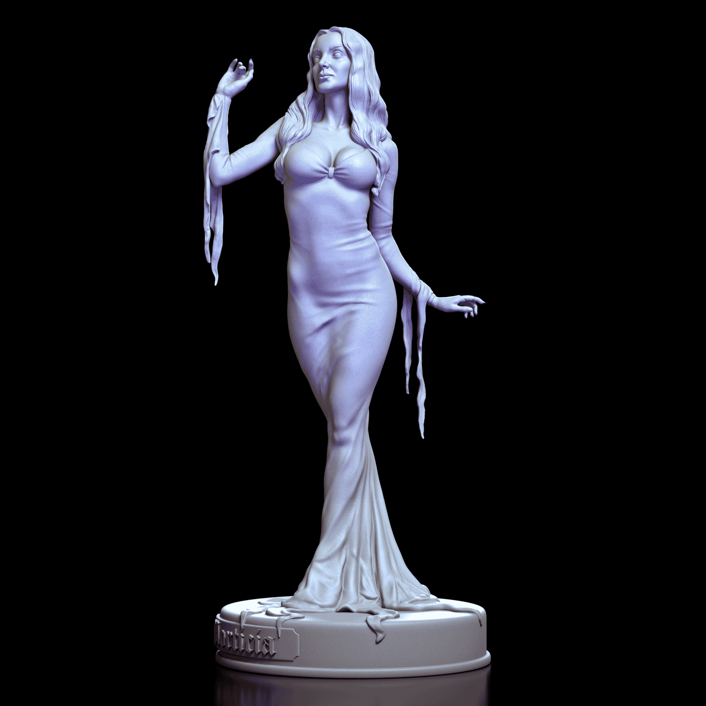 Left profile of Morticia Addams maquette displaying elegant silhouette and detailed gown folds