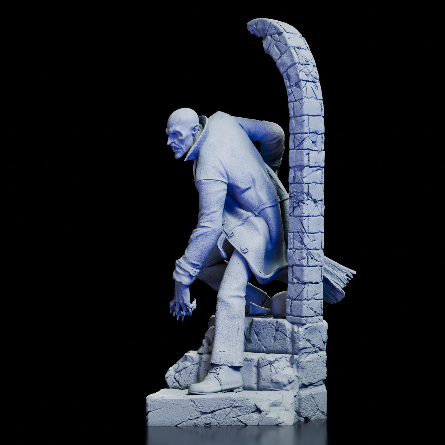 Left profile of Nosferatu Figure Model Kit showcasing hunched pose and cracked stone arch details
