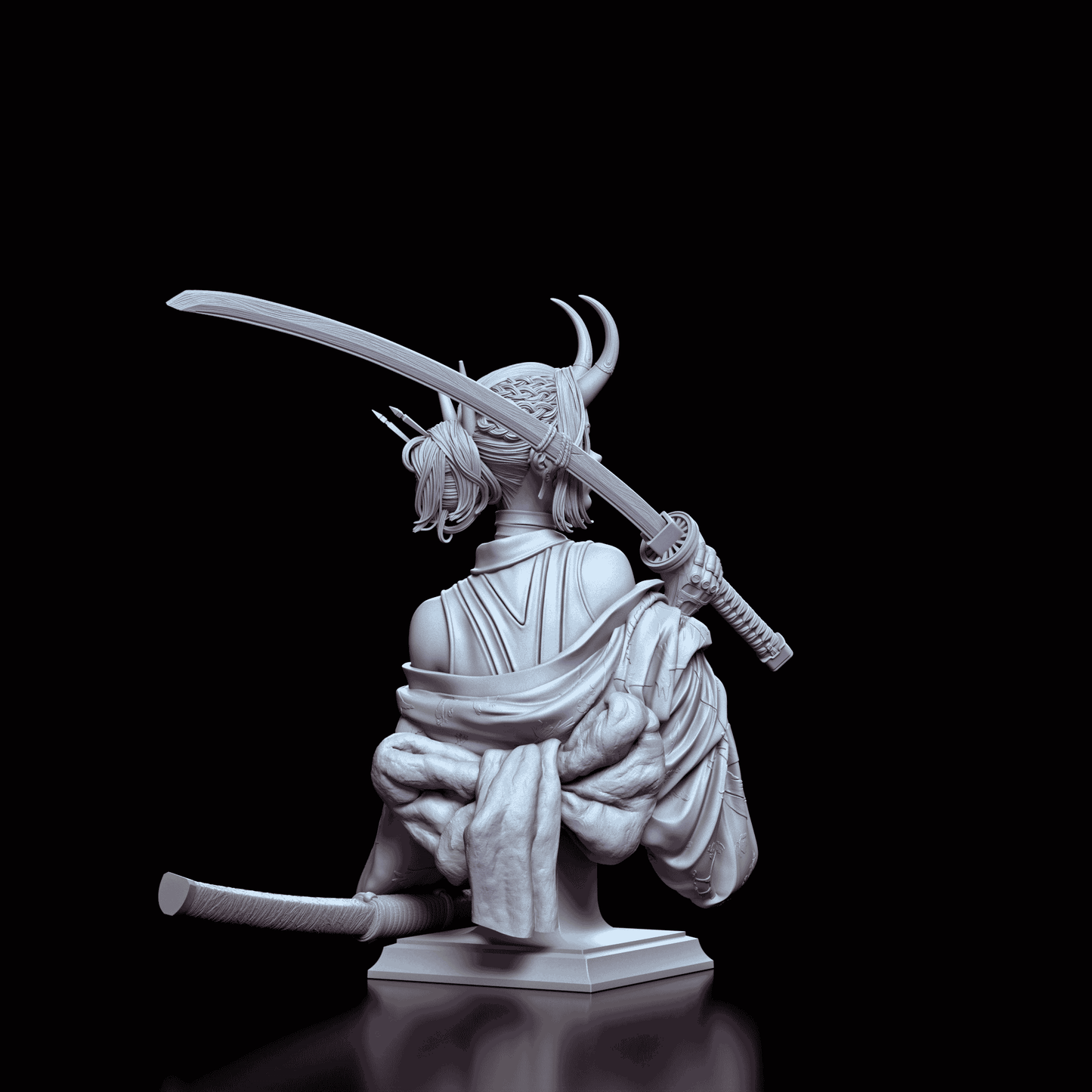 Right side view of the Oni Demon Girl Bust showcasing the drawn katana sword, oni horns, and the detailed geometric display base.