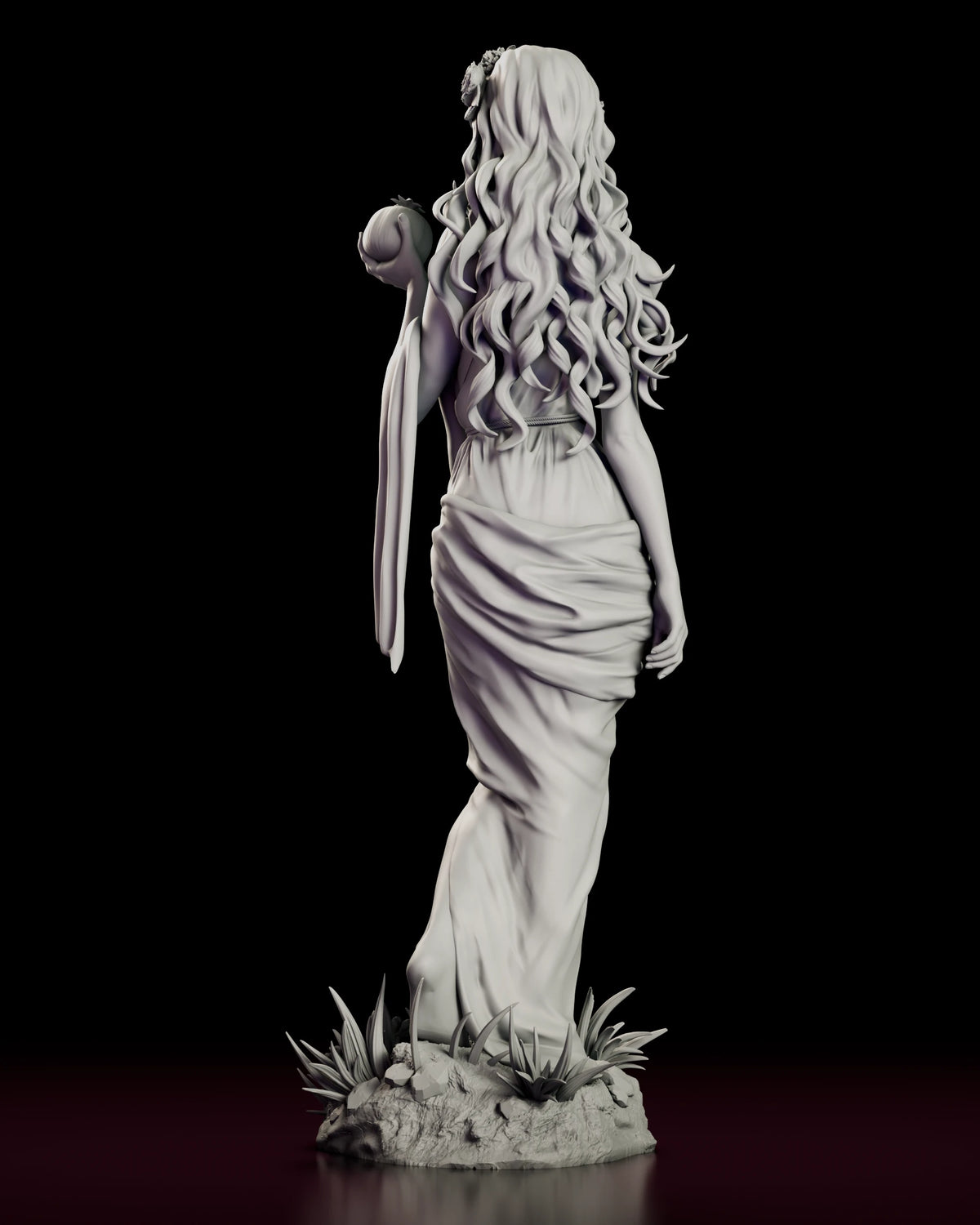 Back view of the Persephone figure model kit showing her long wavy hair and flowing gown