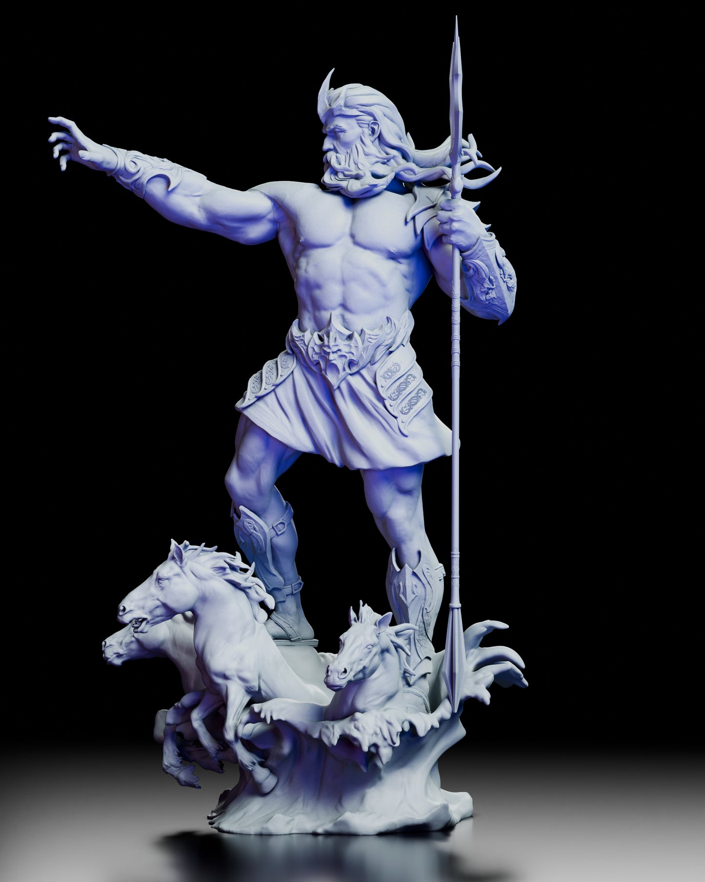 Left profile of Poseidon, Bringer of Storms figure showing dynamic stance, trident, and sculpted sea horse details
