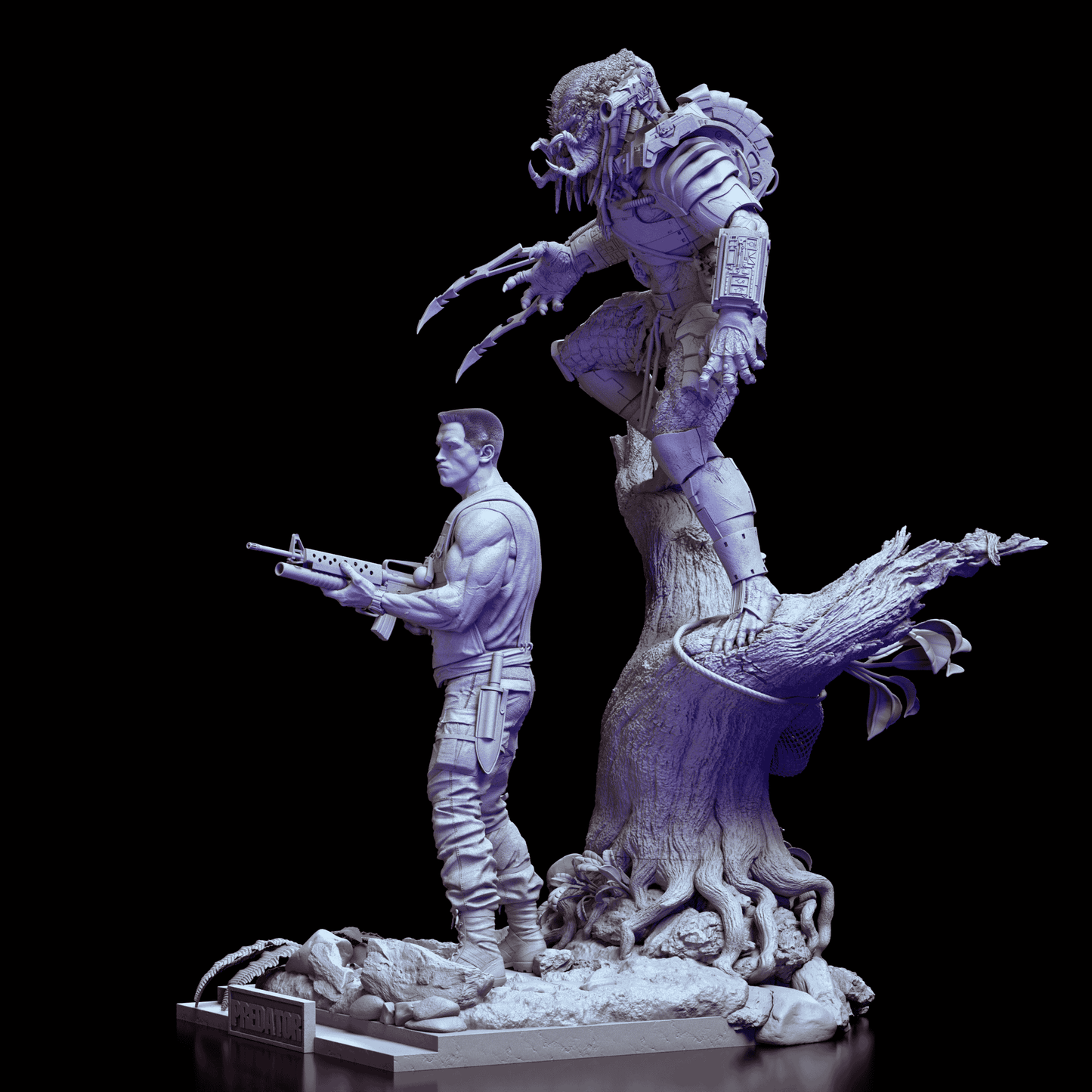 Left angle of Predator vs Dutch diorama showing Dutch aiming rifle and Predator ready to pounce