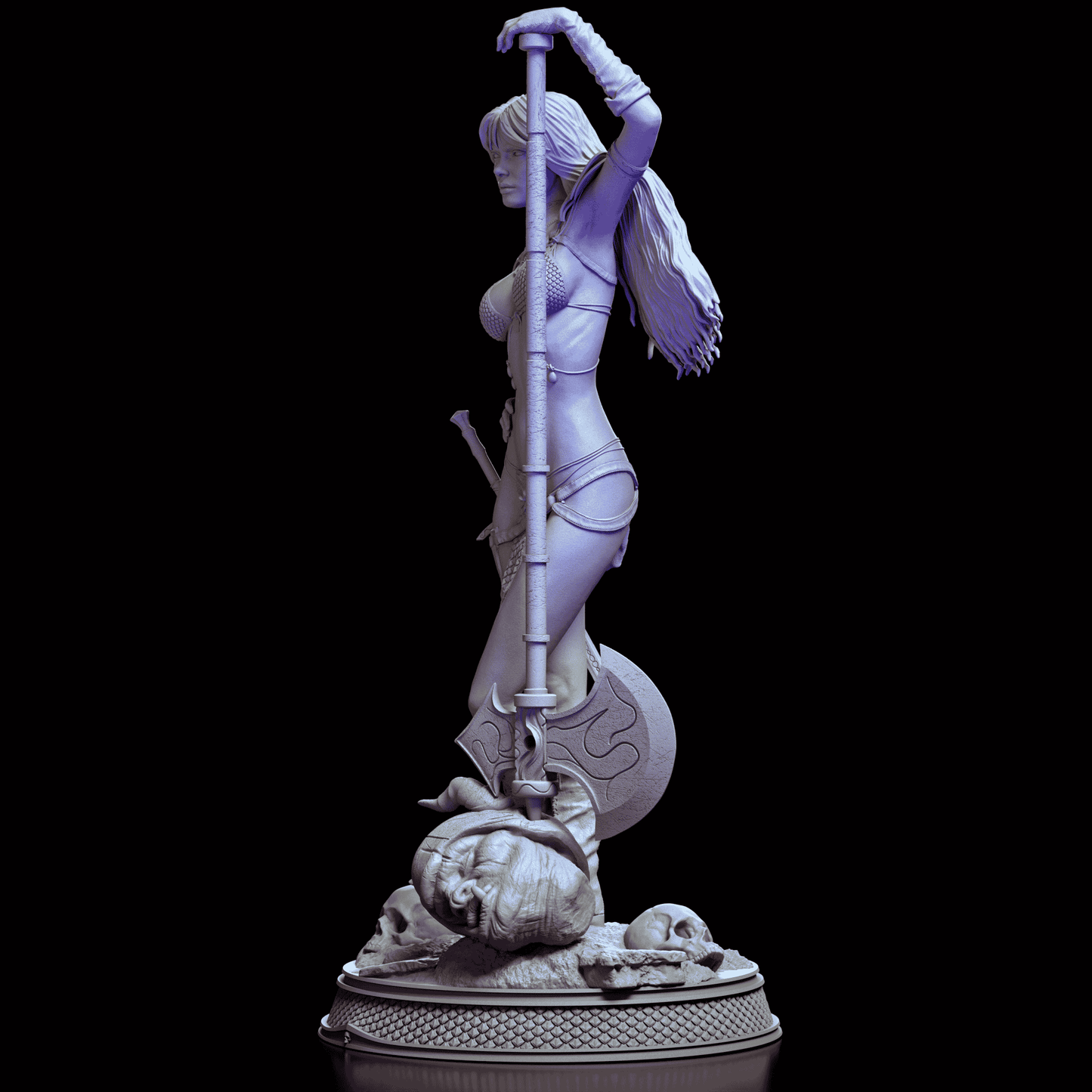 Left profile of Red Sonja resin figure kit with axe and skull-strewn base