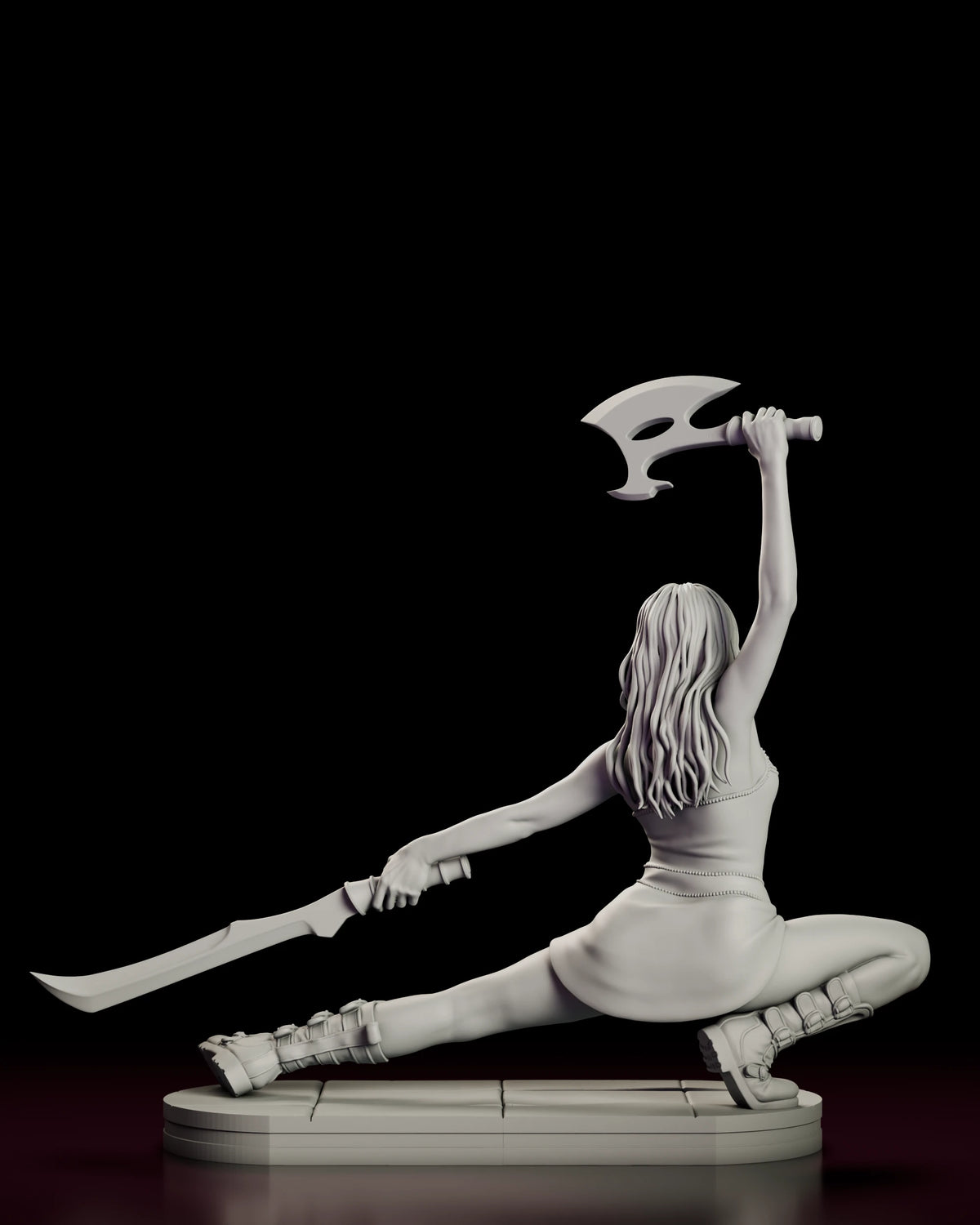 Rear view of the River Tam figure model kit showing the arch of the back, the long hair between the shoulder blades and both weapons held wide on either side of the figure