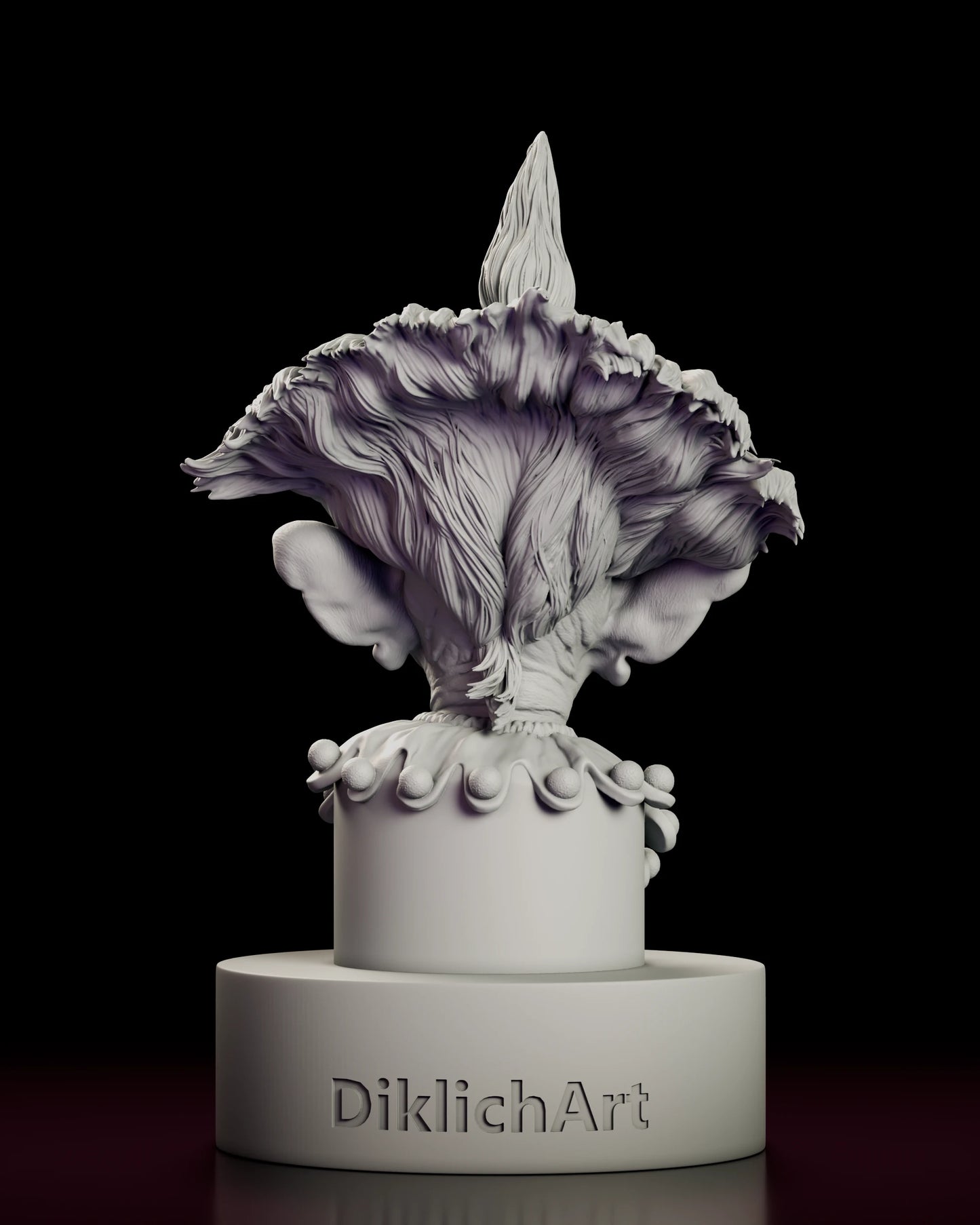 Back view of the Shorty bust figure model kit showing the hair fanned into a wide shaggy sweep and the sculptor mark on the plinth