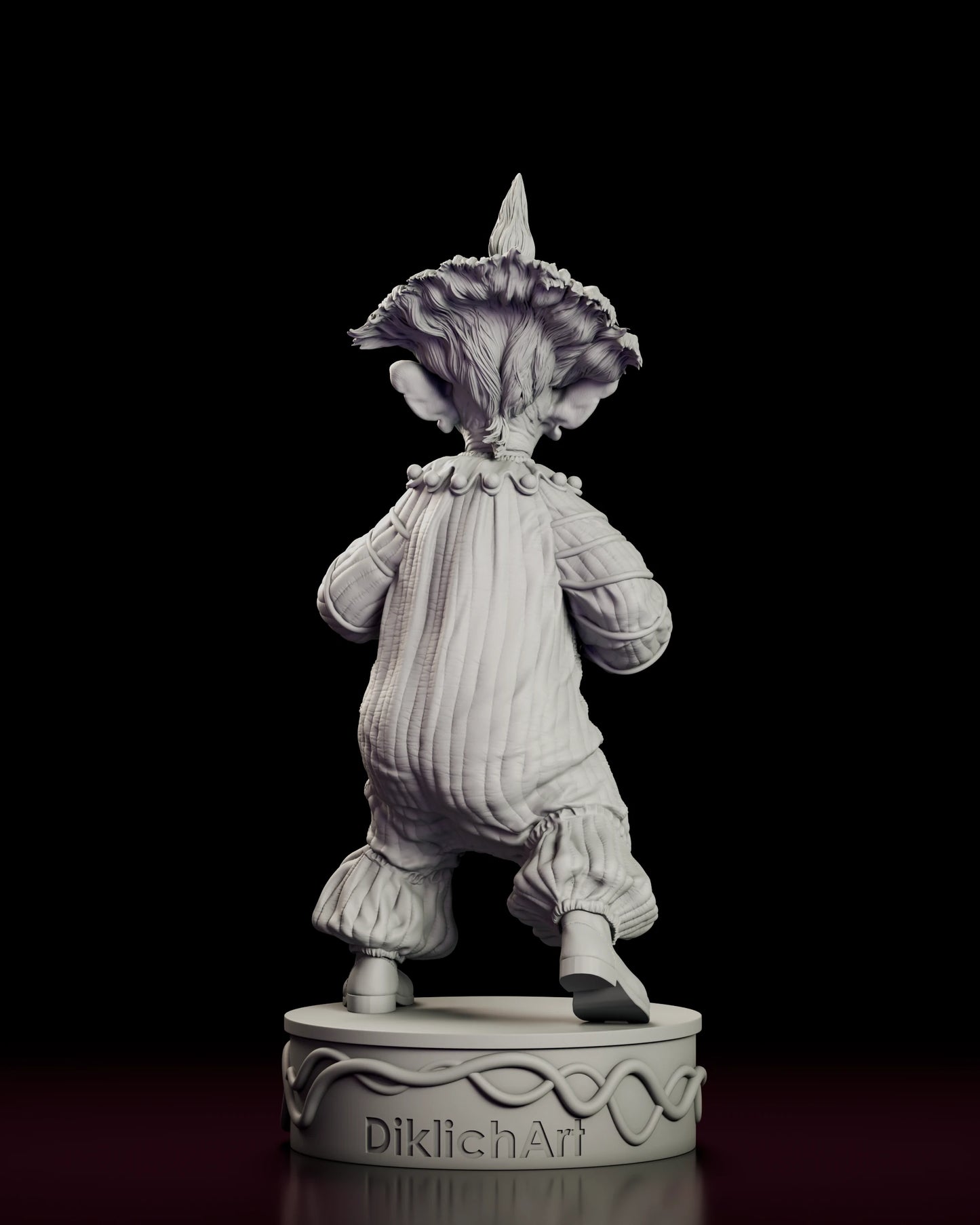 Back view of the Shorty figure model kit showing the hair fanned out above the collar, pompom buttons across the shoulders and the sculptor mark on the plinth
