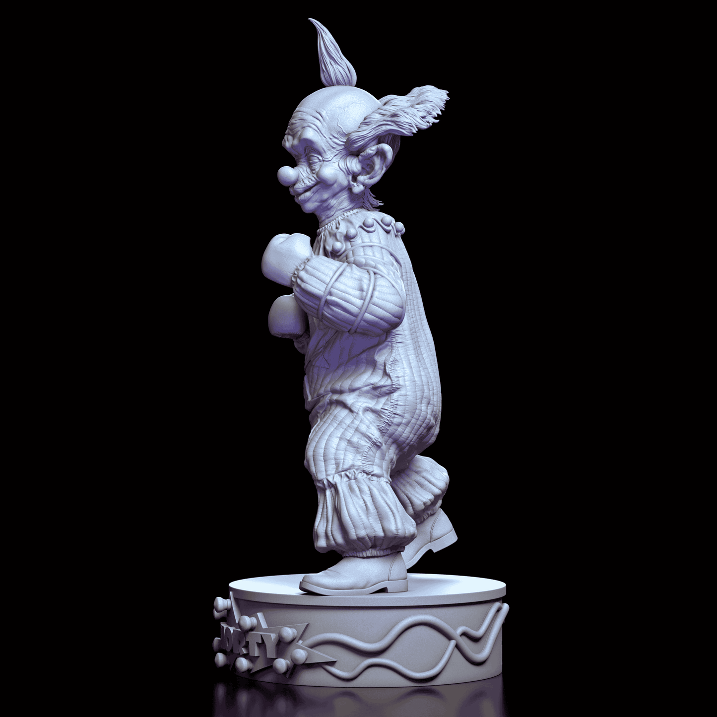 Left profile of Shorty maquette with gloves raised, showcasing expressive hair and quilted costume