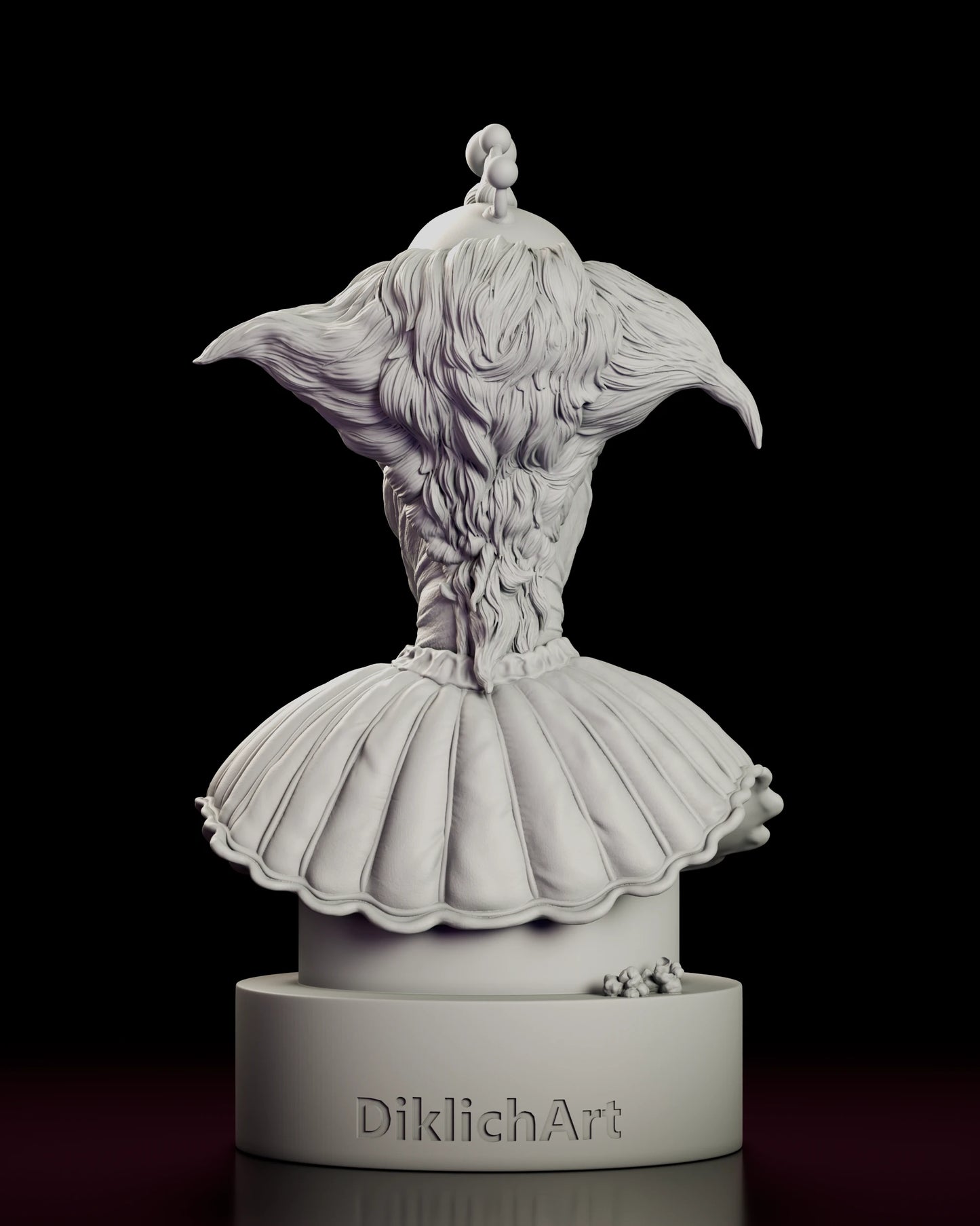 Back view of the Slim bust figure model kit showing the hair fanning out in two heavy wings above the collar and the sculptor mark on the plinth