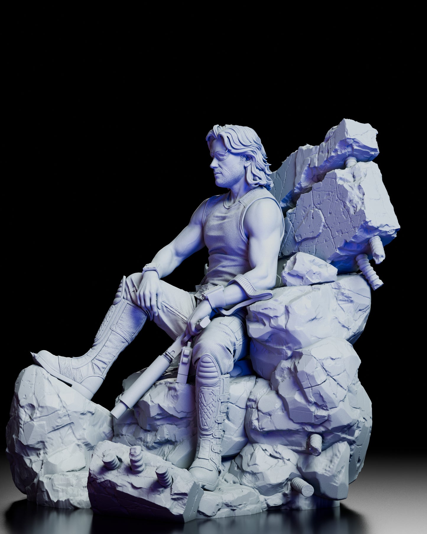 Left side angle of Snake Plissken model kit showing detailed boots and weapon resting across his lap