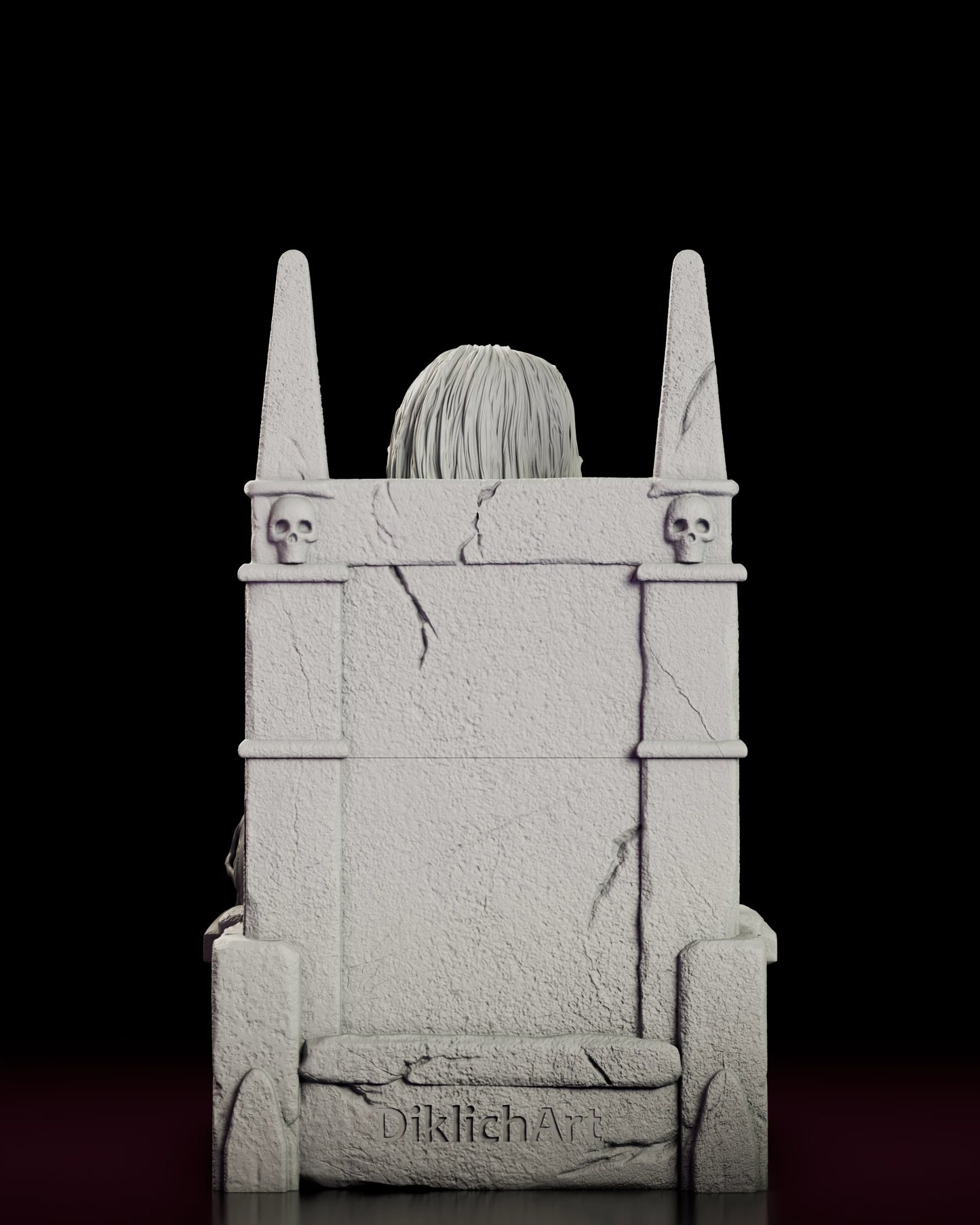 Rear view of the Crypt Keeper figure model kit showing the cracked stone throne and its carved skull medallions