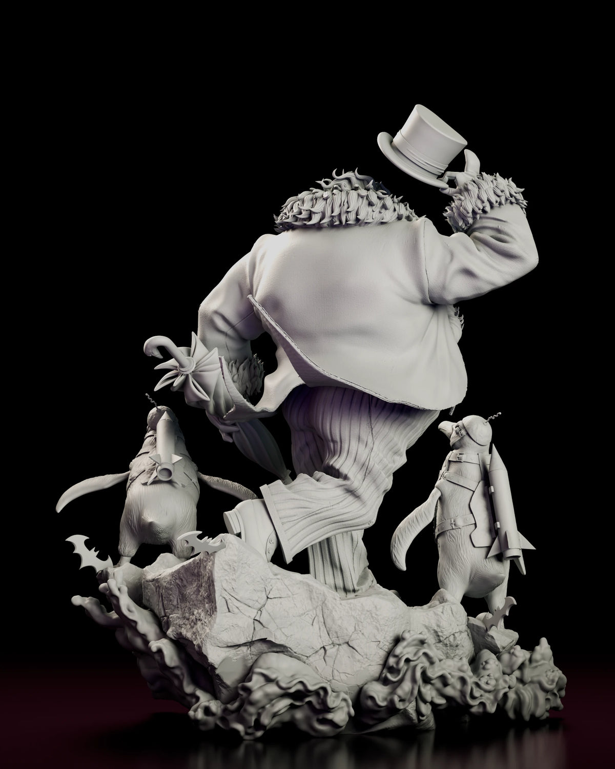 Rear view of the Penguin figure model kit showing the tailcoat, fur collar and the two penguins on the rubble base
