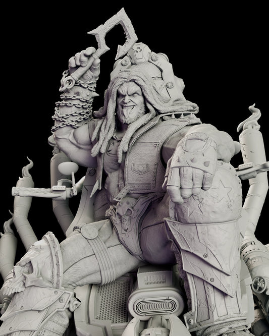 Upper body detail of Lobo raising a bladed hook overhead with heavy chain wound down his forearm, an iron cross hanging over his open leather vest.