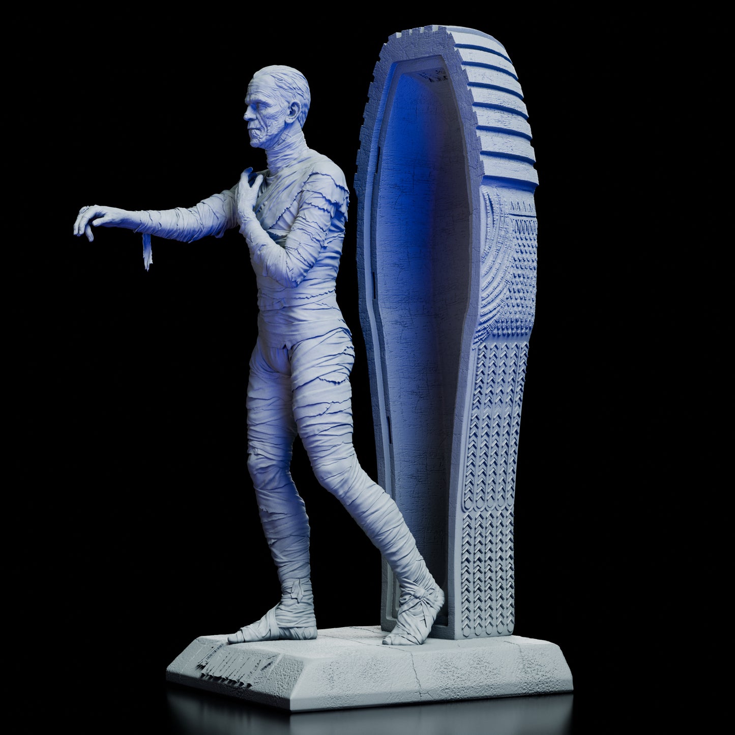 Left profile of The Mummy Maquette Kit highlighting the outstretched arm and bandage detail