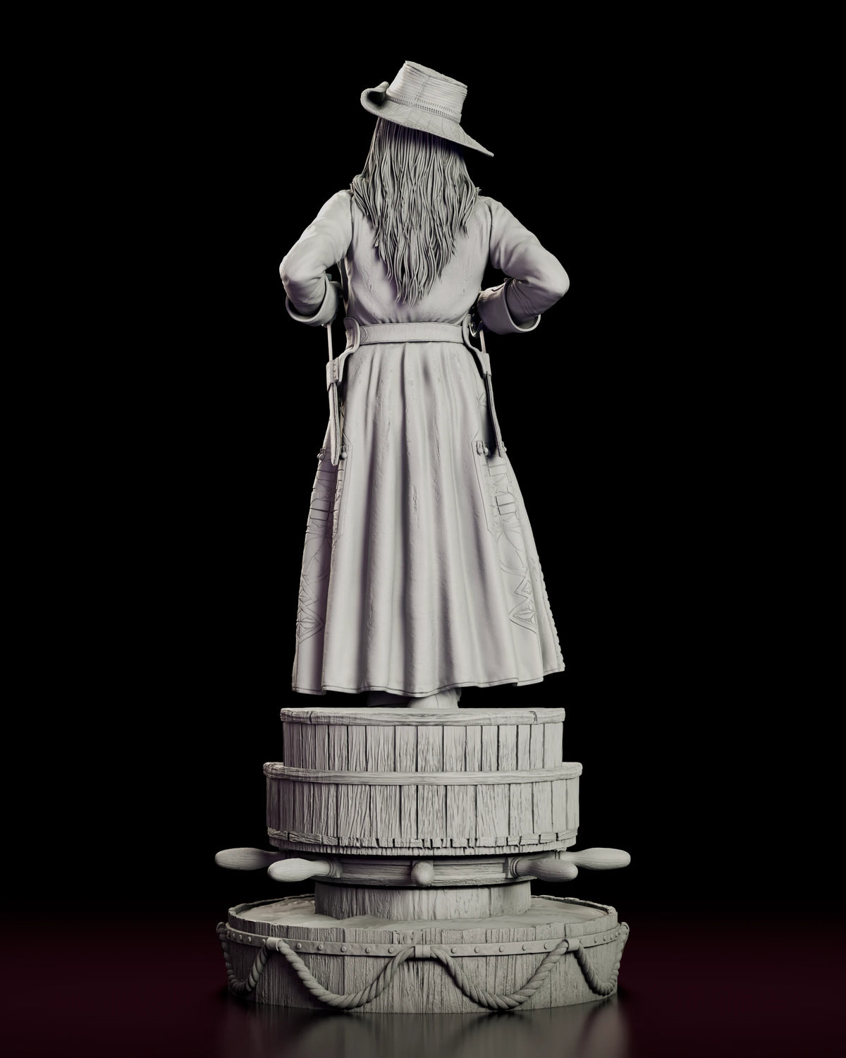 Rear view of the Anne Bonny figure model kit showing the quilted coat shoulders, long hair and the back of the deck base