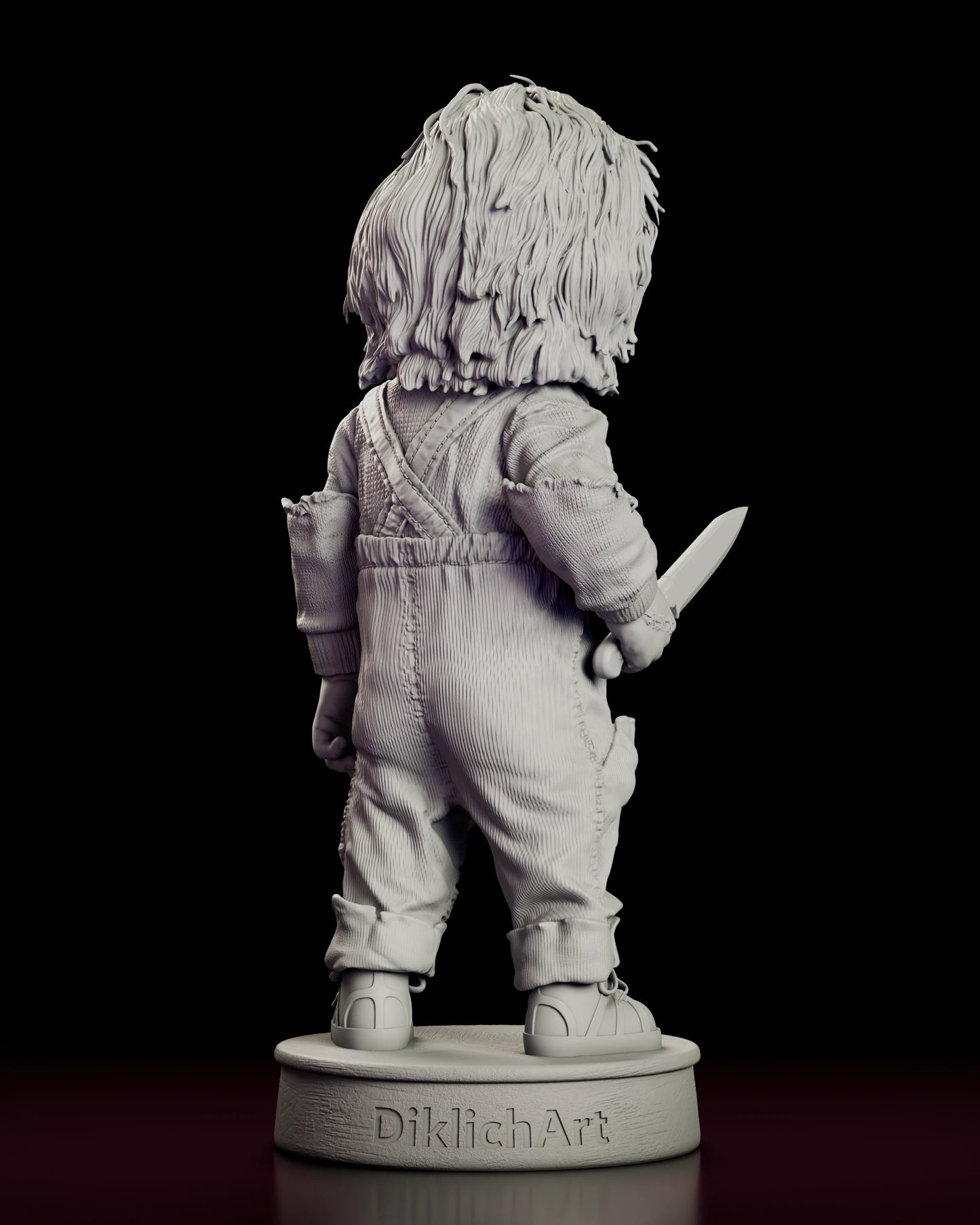 Rear view of the Chucky figure model kit showing the stitched scalp and the back of the overalls
