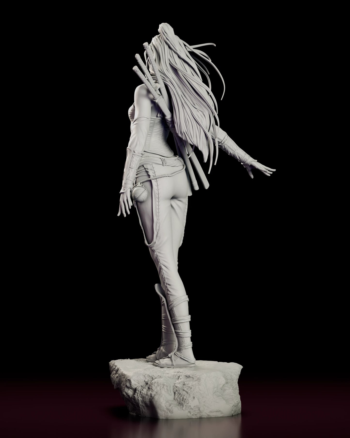 Rear view of The Silent Katana figure model kit showing the three sheathed swords in their back rig, the long sweep of hair and the stitched leggings