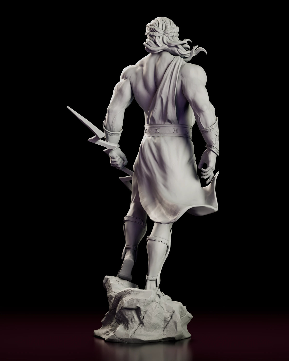 Back view of the Zeus figure model kit showing the draped cloak, muscled back and rocky base