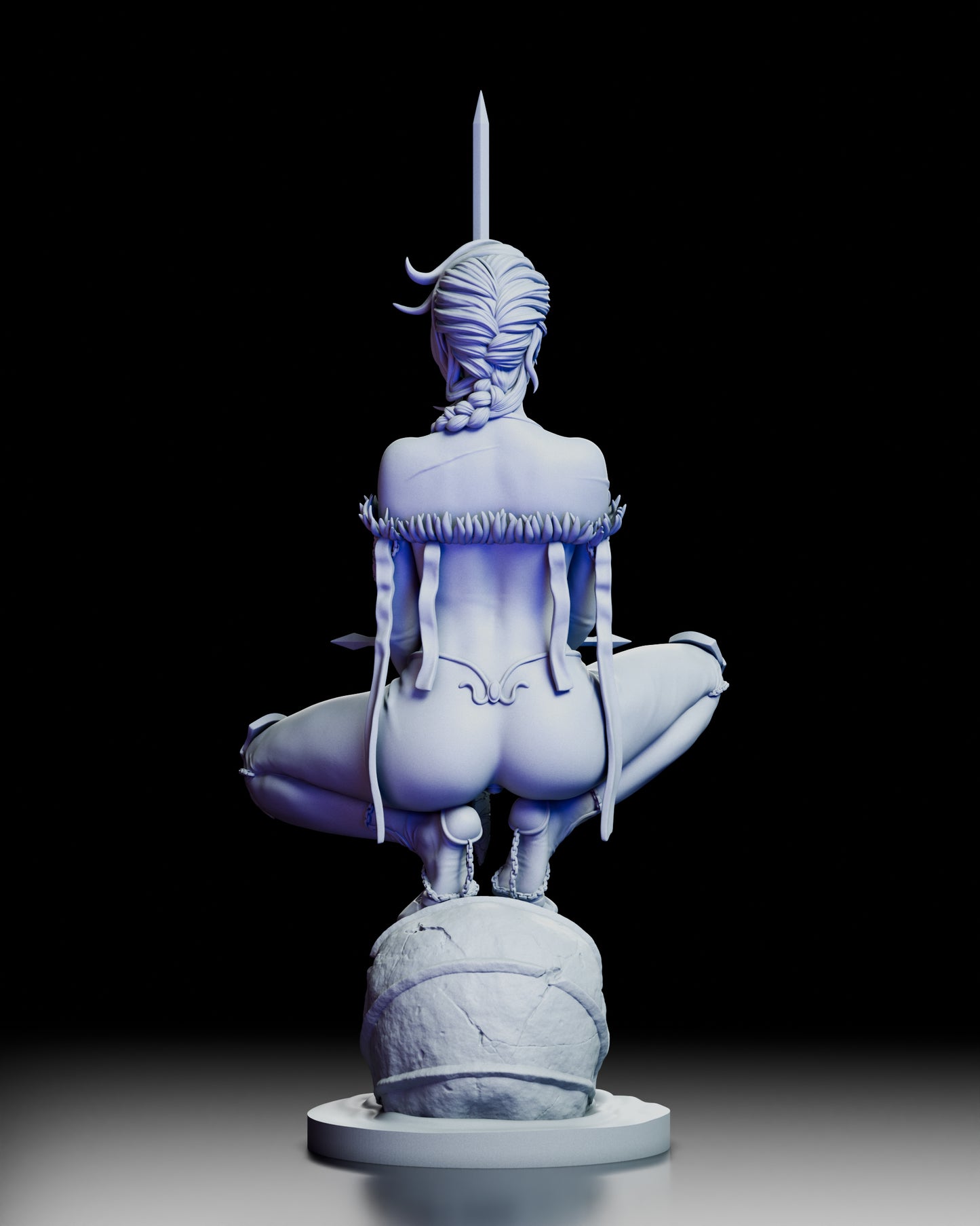 Back view of The Mad Cat resin figure with detailed braids and flowing hair