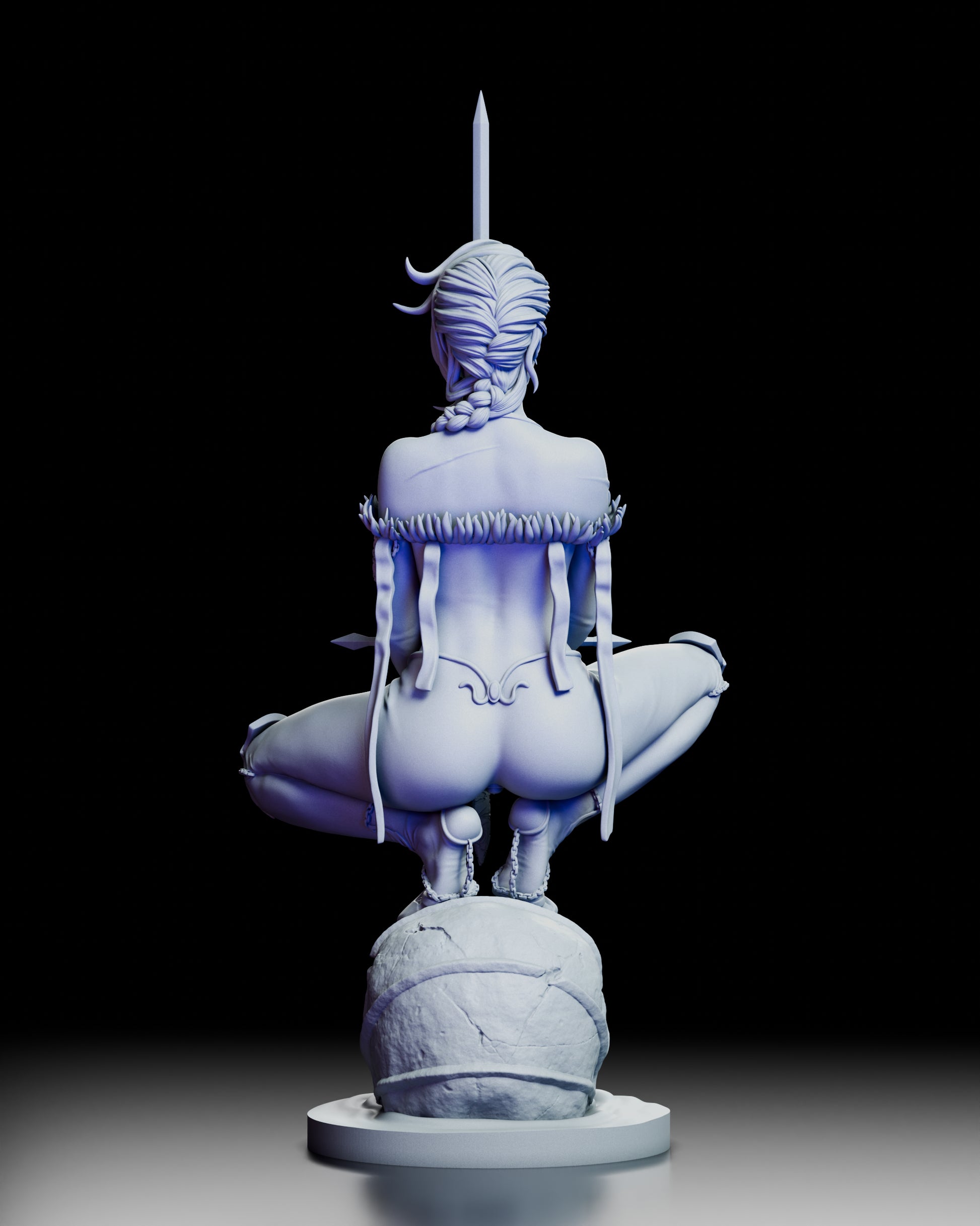 Back view of The Mad Cat resin figure with detailed braids and flowing hair