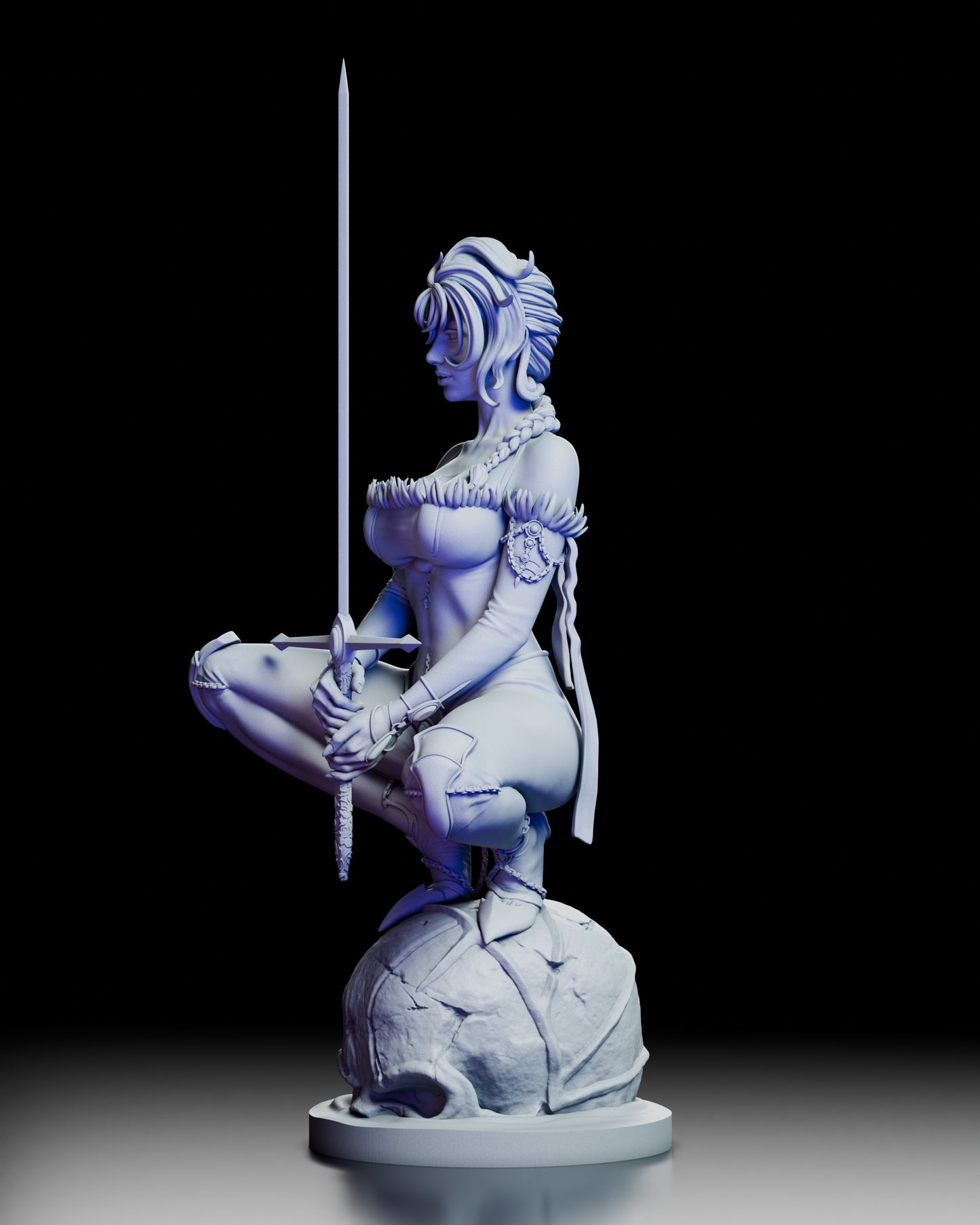 Left side of The Mad Cat resin figure displaying sword and crouched pose