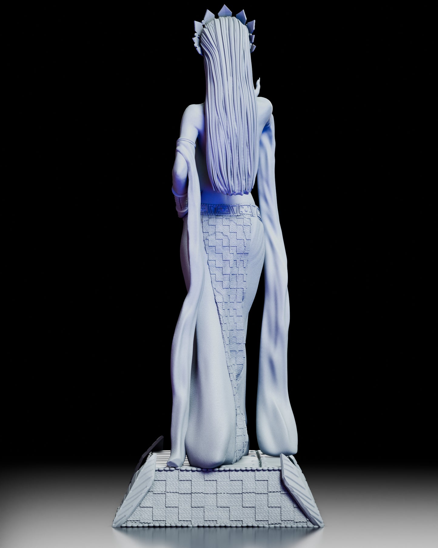 Rear view of Akasha, Queen of the Damned showing intricate hair sculpt and textured gown patterns