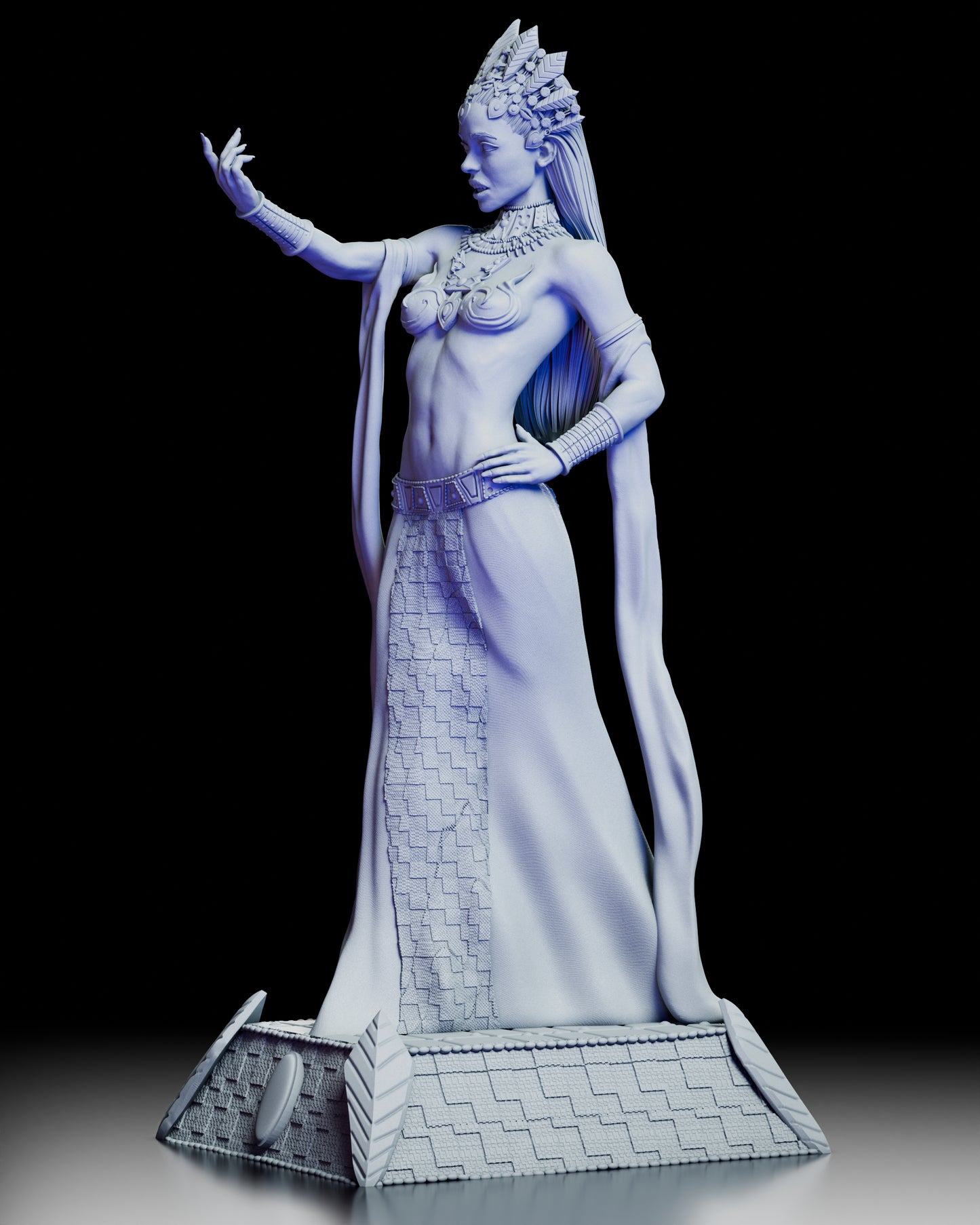 Left side view of Akasha, Queen of the Damned resin figure highlighting pose and layered costume details