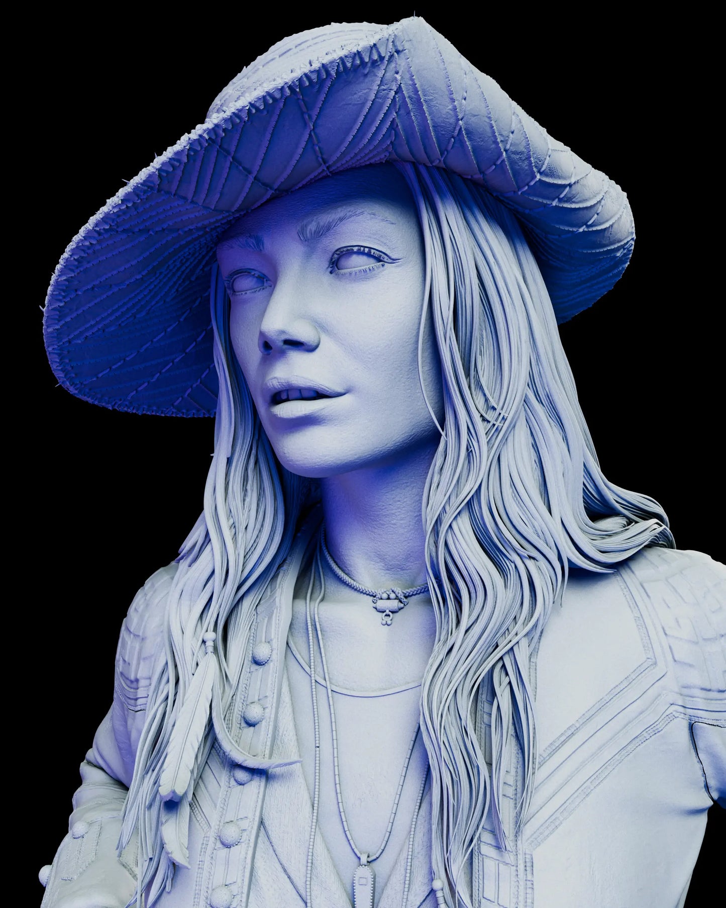 Close-up portrait of Anne Bonny wearing hat showing detailed facial sculpt and hair texture
