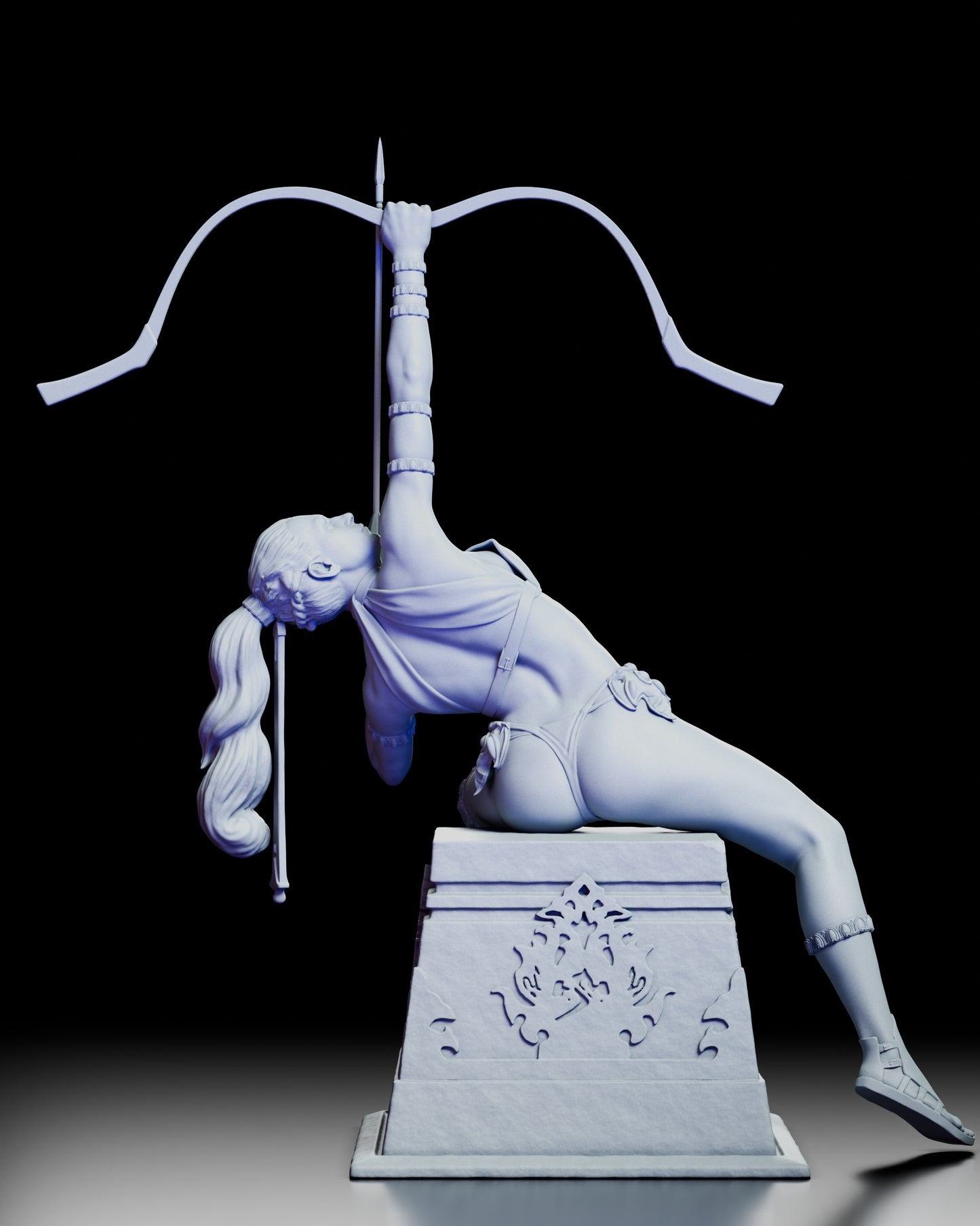 Rear view of The Archer figure showcasing sculpted hair, back contours, and detailed pedestal engravings