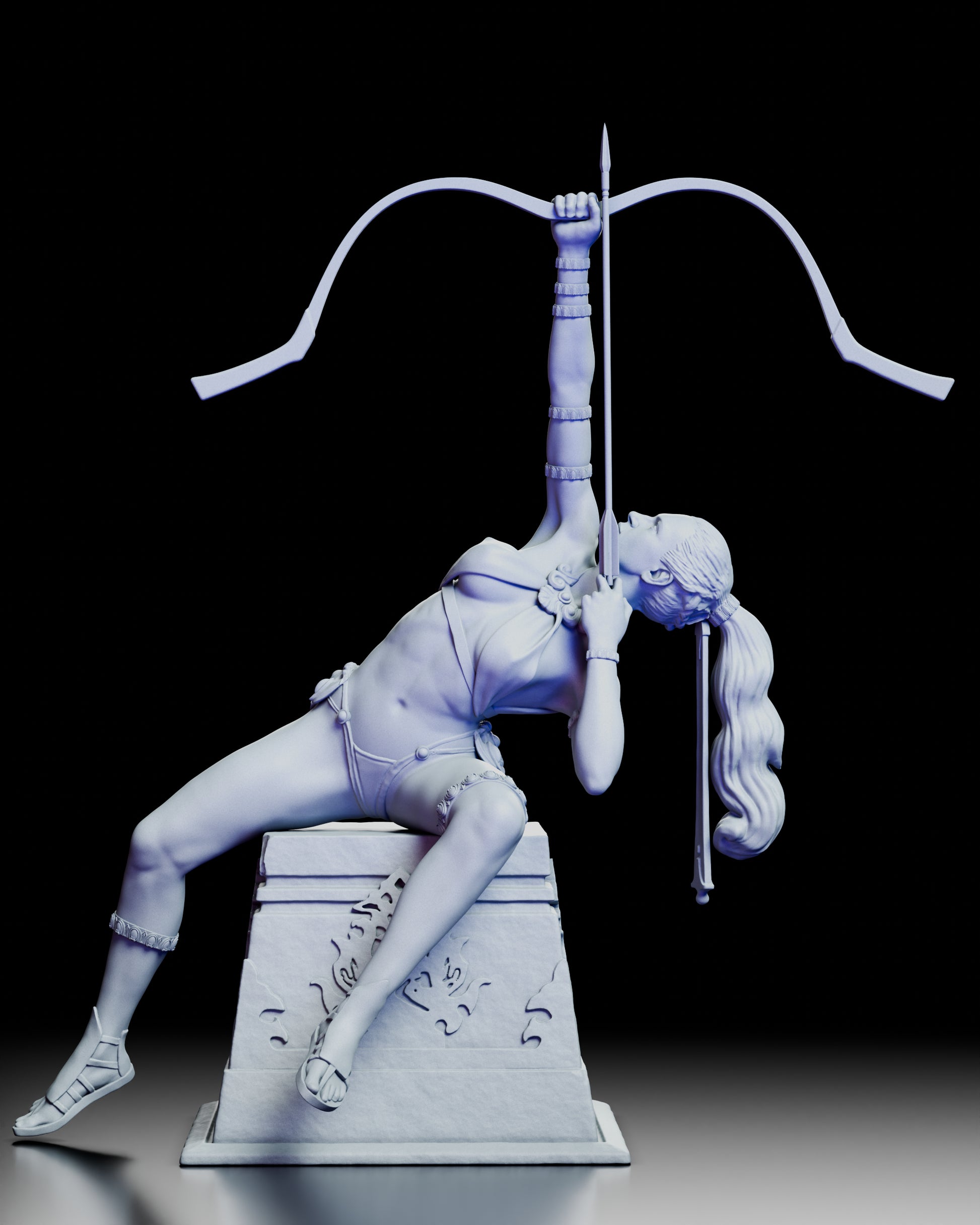 Front view of The Archer resin figure by Kuton showing Artemis drawing her bow skyward on a decorated pedestal