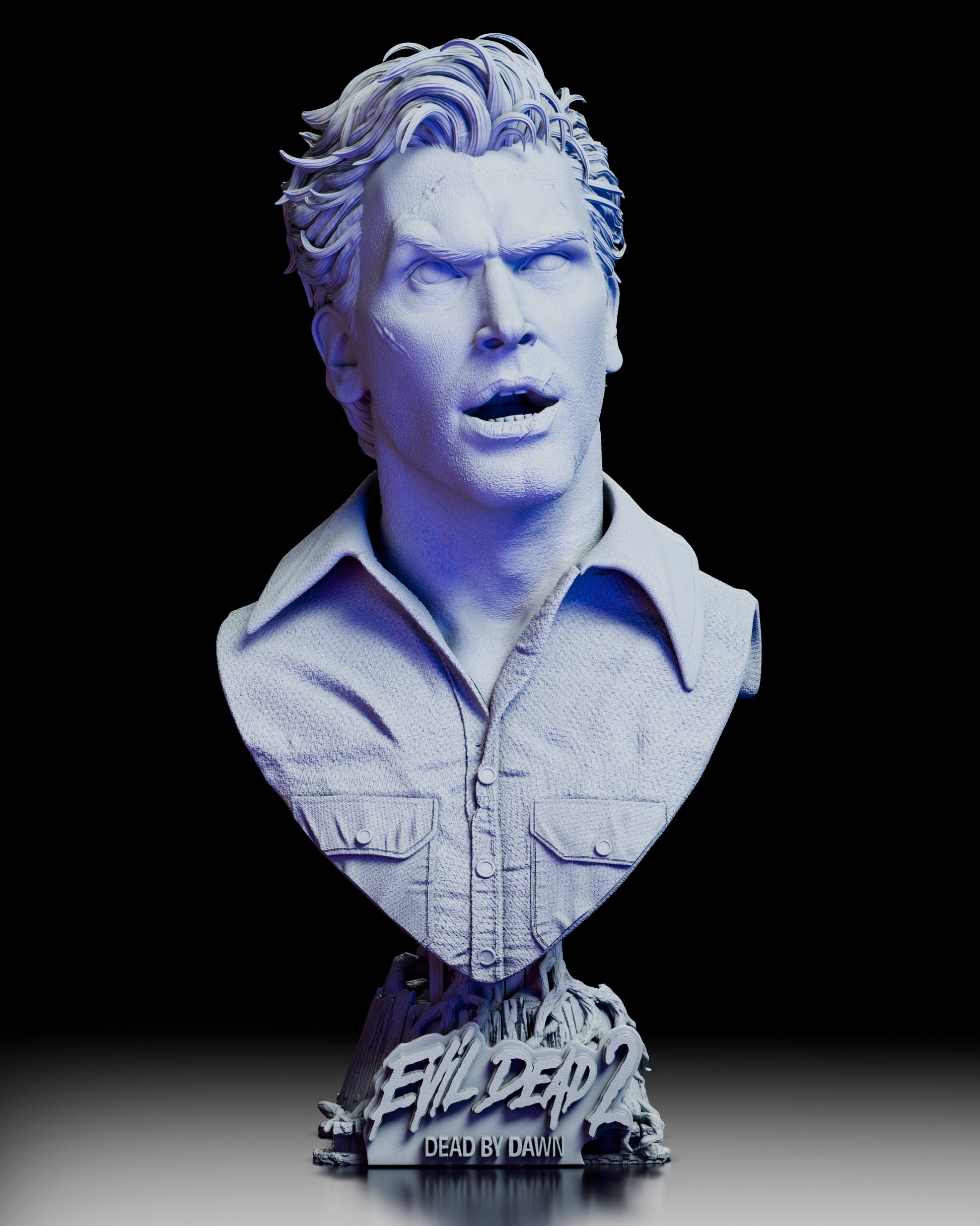 Front view of the Ash Evil Dead 2 portrait bust sculpted by Wicked showing detailed facial expression and Evil Dead 2 base